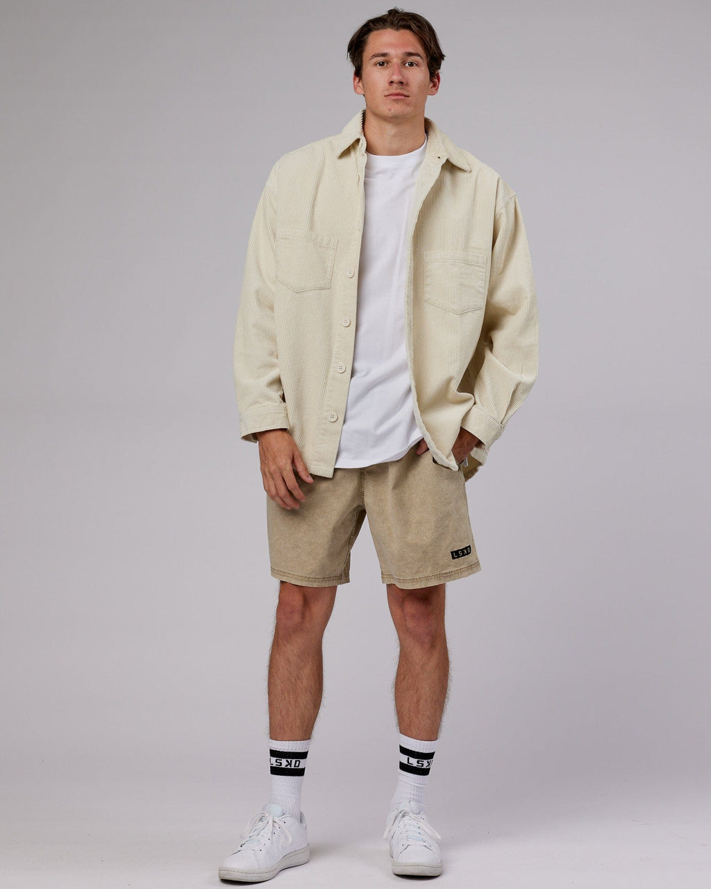 Model wearing Iconic Cord Shacket - Bone