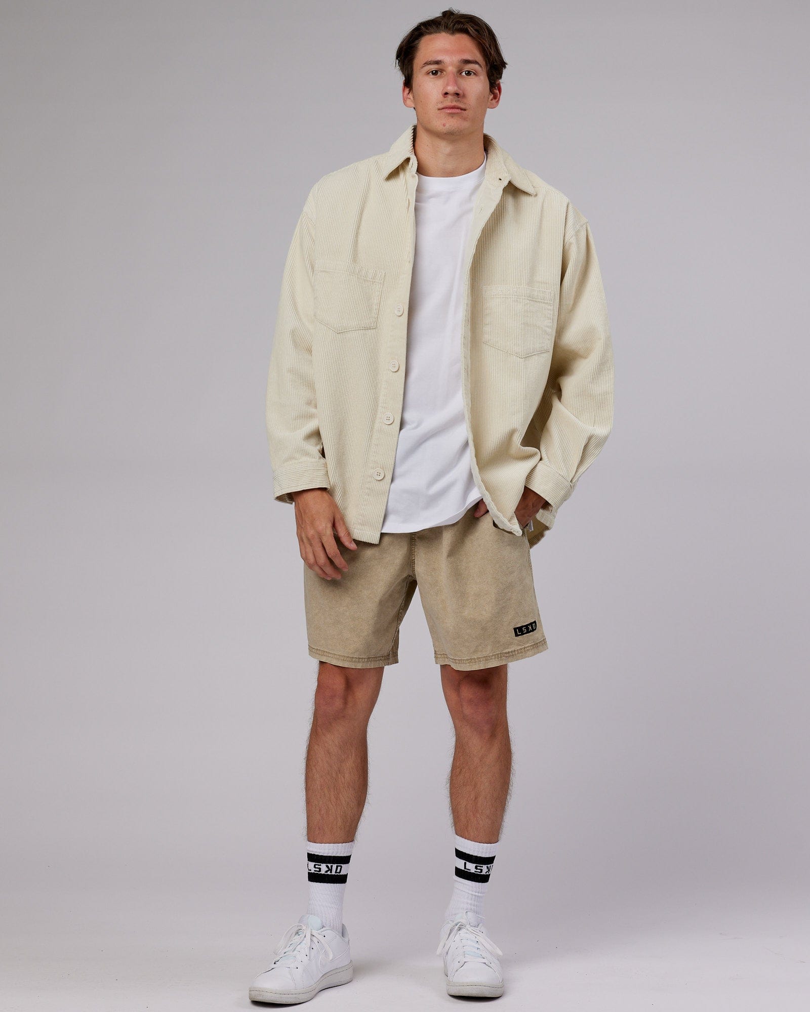 Model wearing Iconic Cord Shacket - Bone