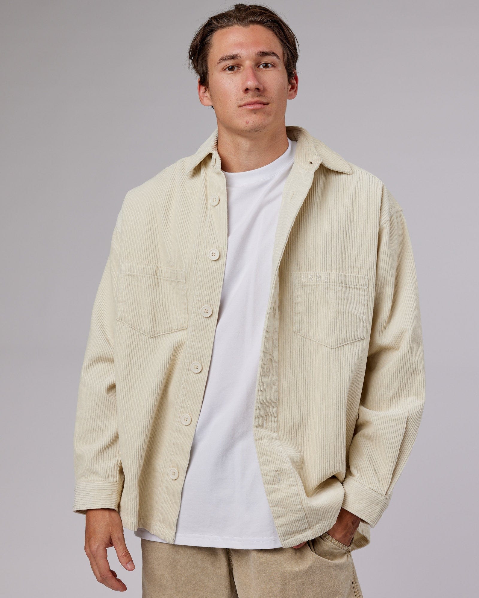 Model wearing Iconic Cord Shacket - Bone