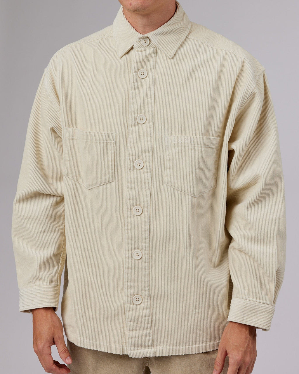 Model wearing Iconic Cord Shacket - Bone