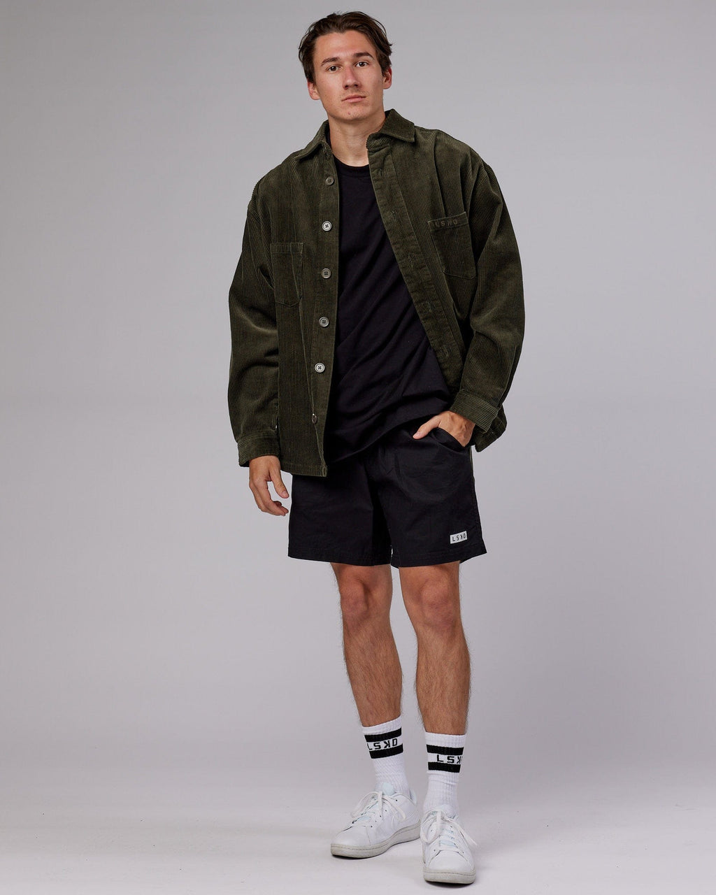 Model wearing Iconic Cord Shacket - Forest Night