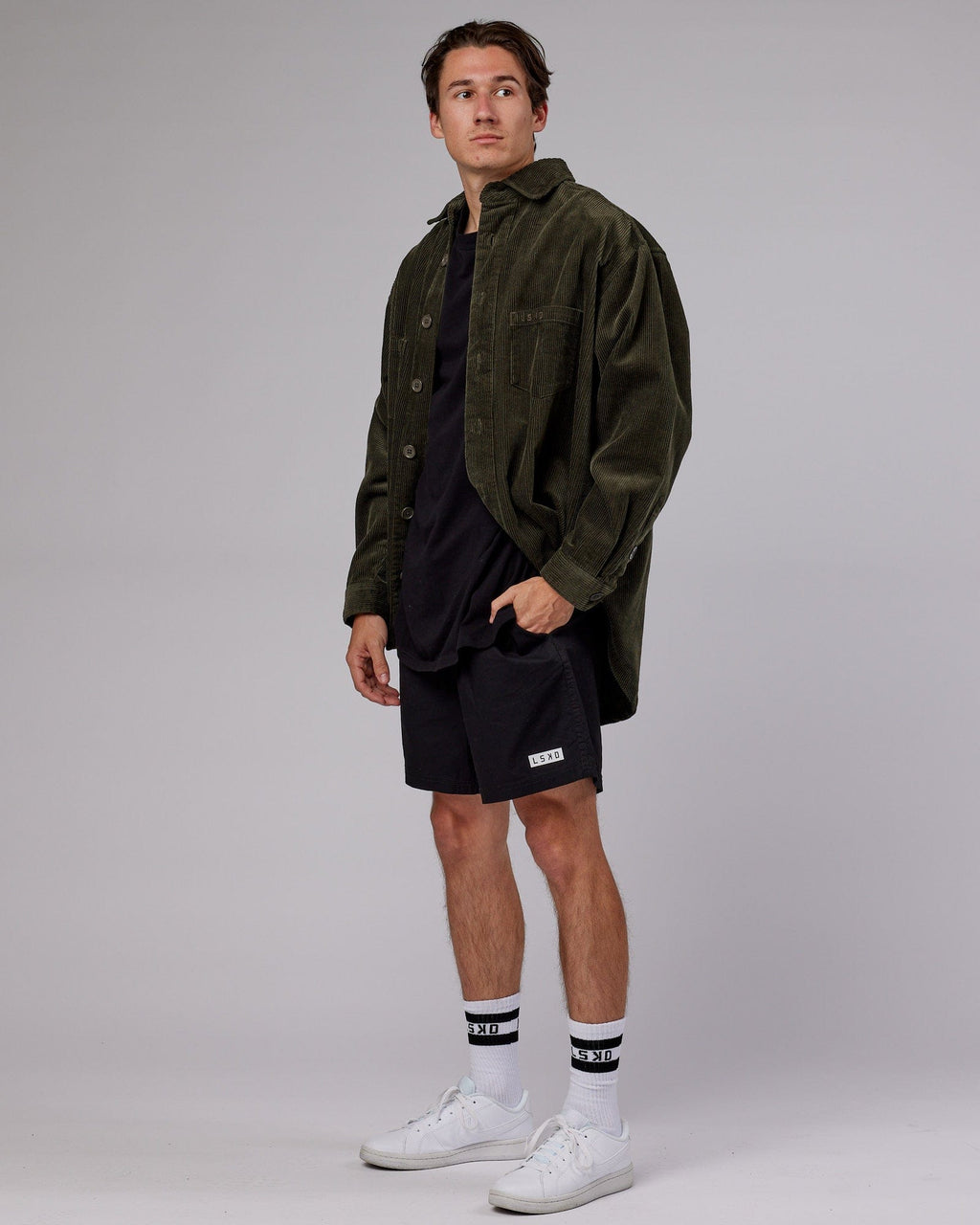 Model wearing Iconic Cord Shacket - Forest Night