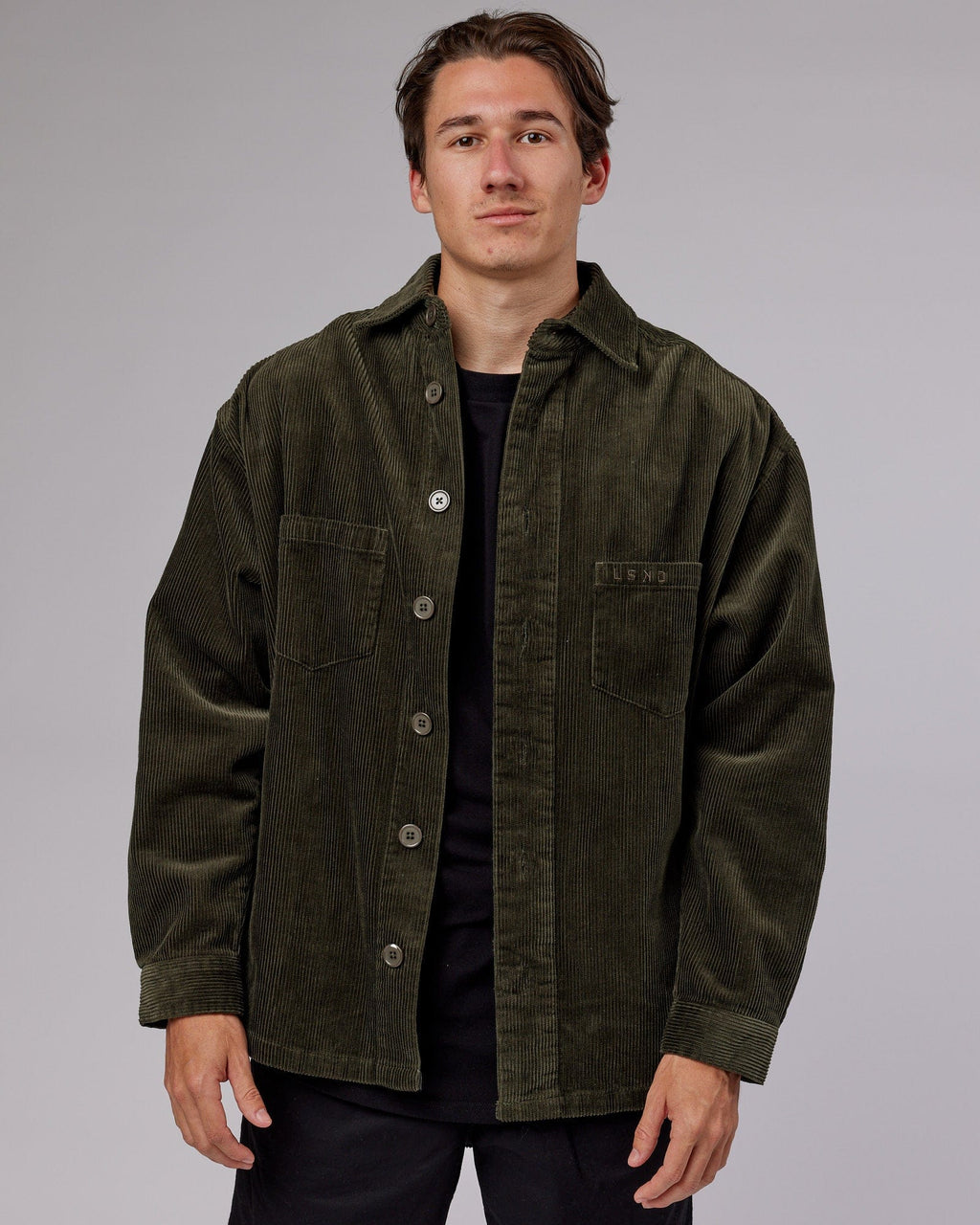 Model wearing Iconic Cord Shacket - Forest Night