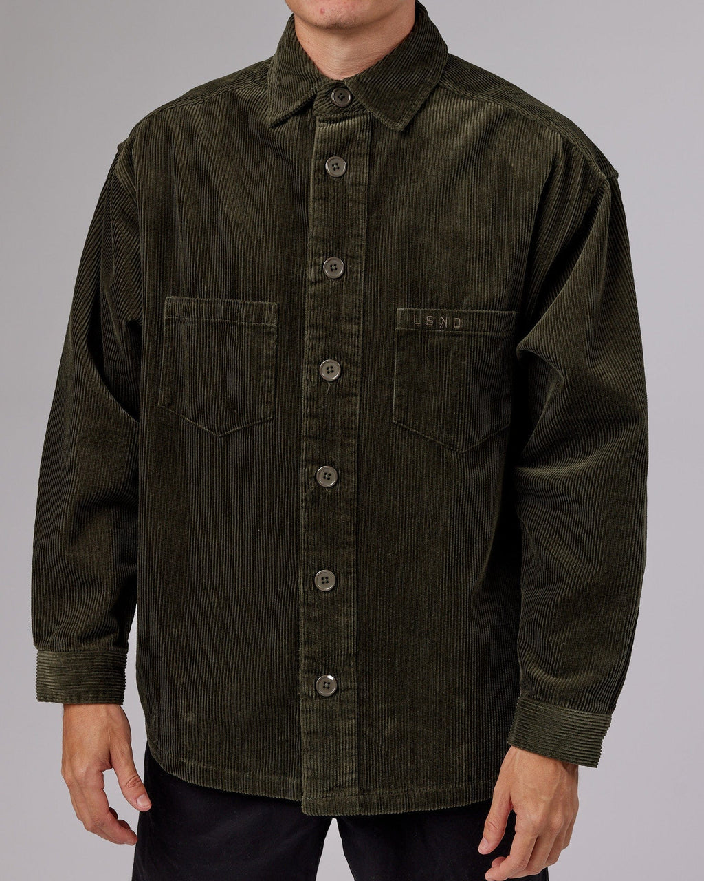 Model wearing Iconic Cord Shacket - Forest Night