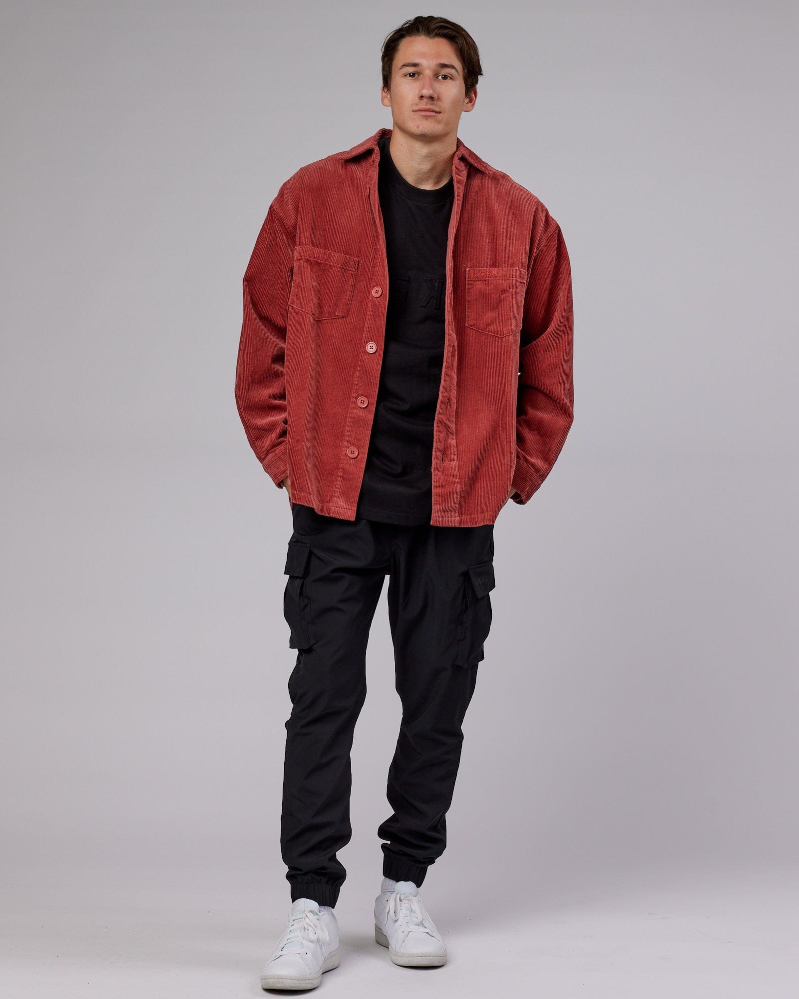 Model wearing Iconic Cord Shacket - Marsala