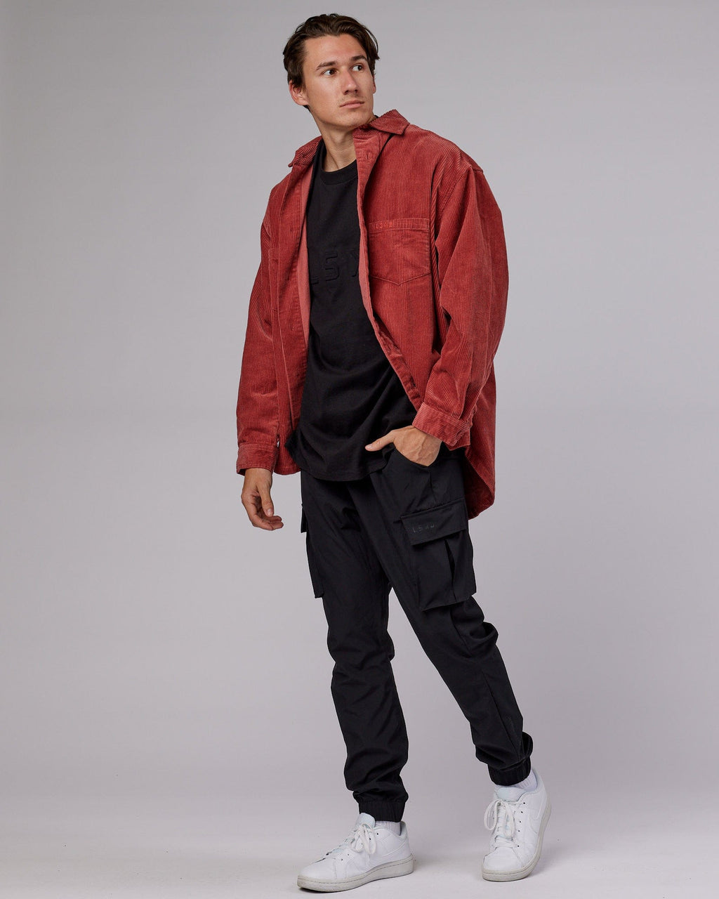 Model wearing Iconic Cord Shacket - Marsala