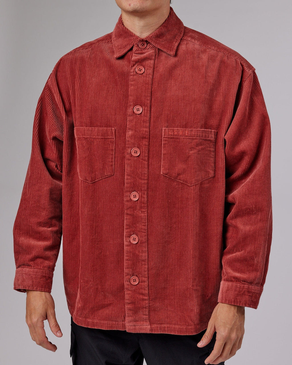 Model wearing Iconic Cord Shacket - Marsala