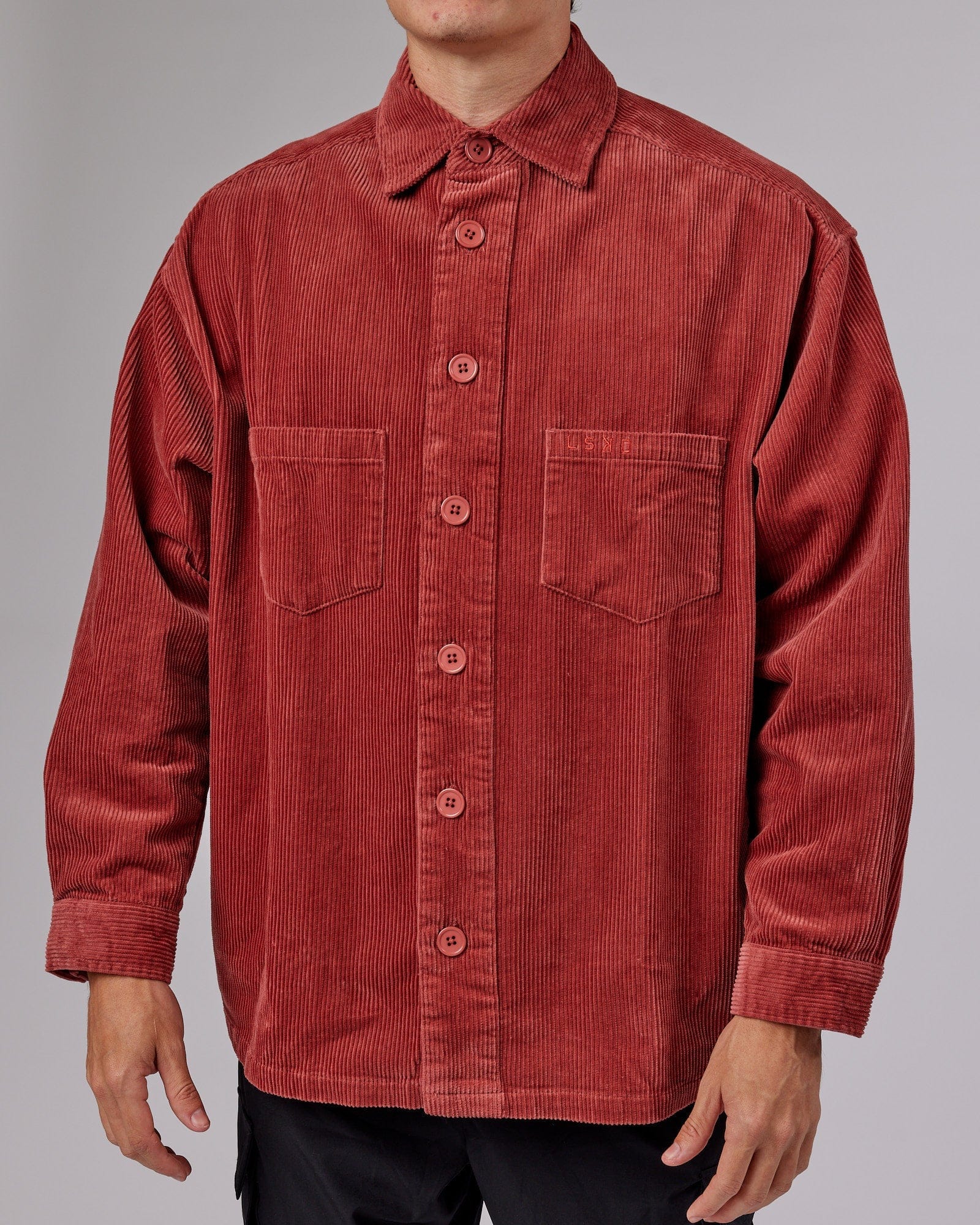 Model wearing Iconic Cord Shacket - Marsala