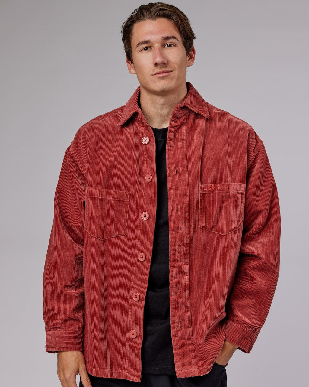 Model wearing Iconic Cord Shacket - Marsala