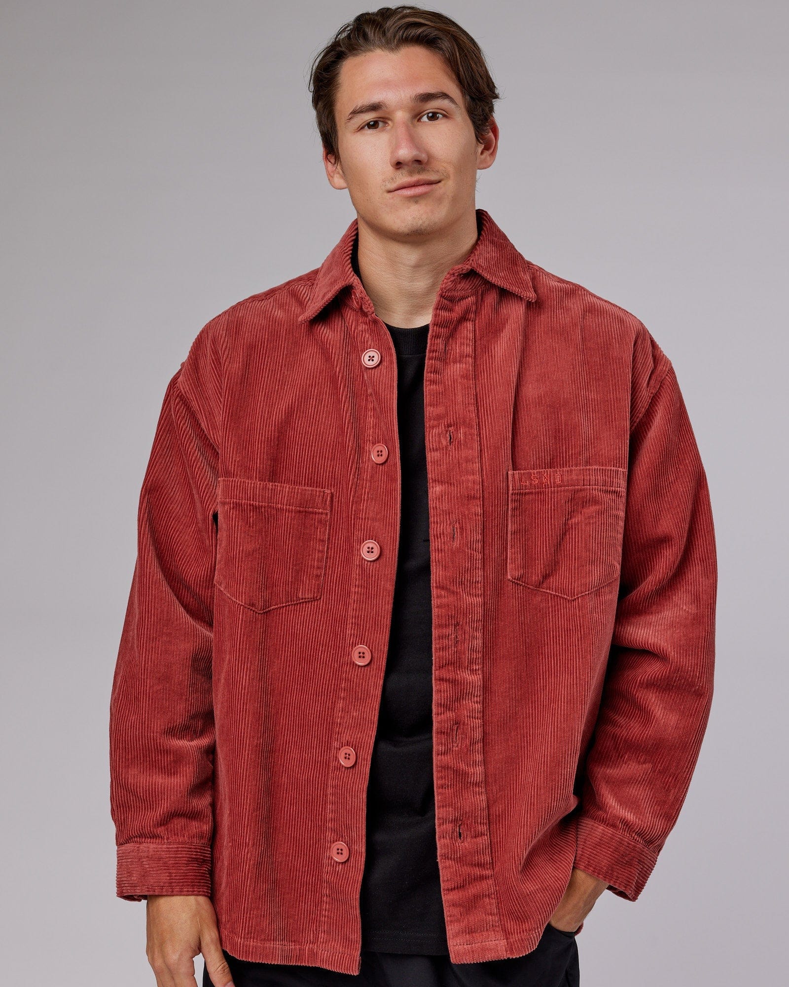 Model wearing Iconic Cord Shacket - Marsala