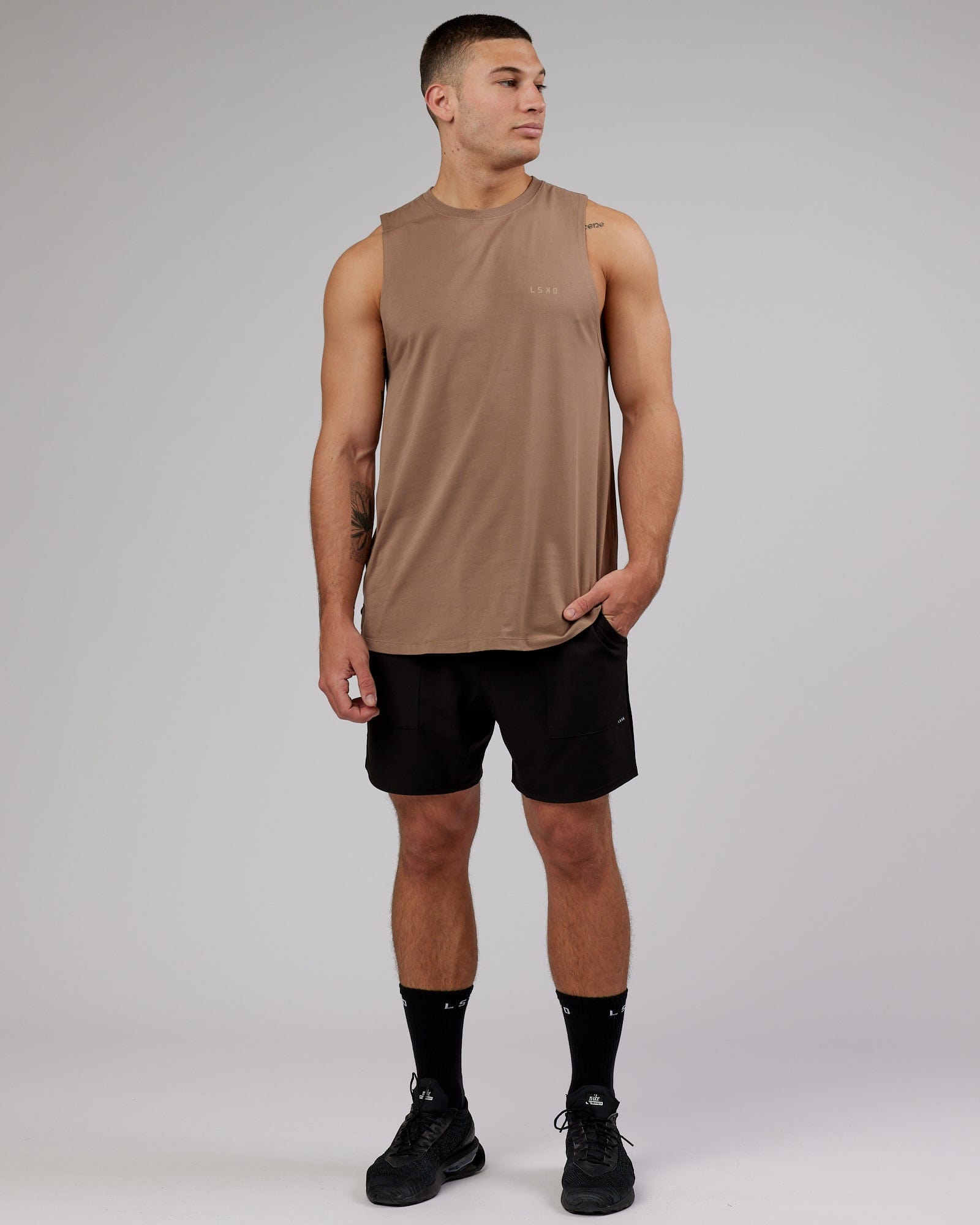 Model wearing Deluxe PimaFLX Tank - Fossil