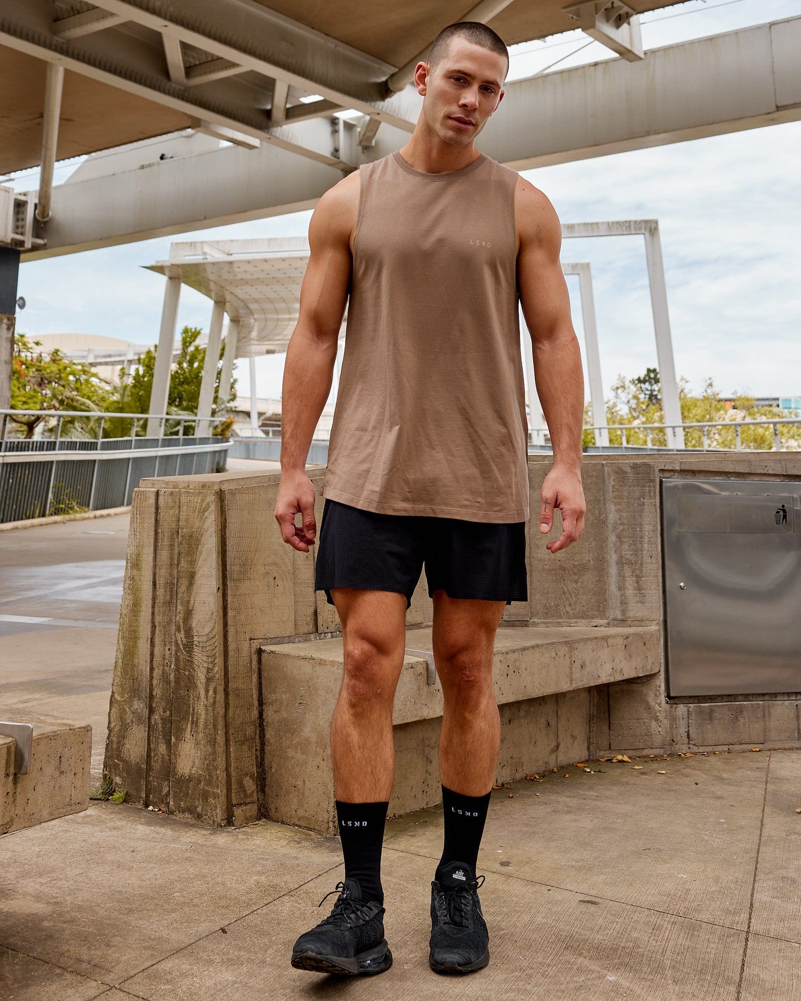 Model wearing Deluxe PimaFLX Tank - Fossil