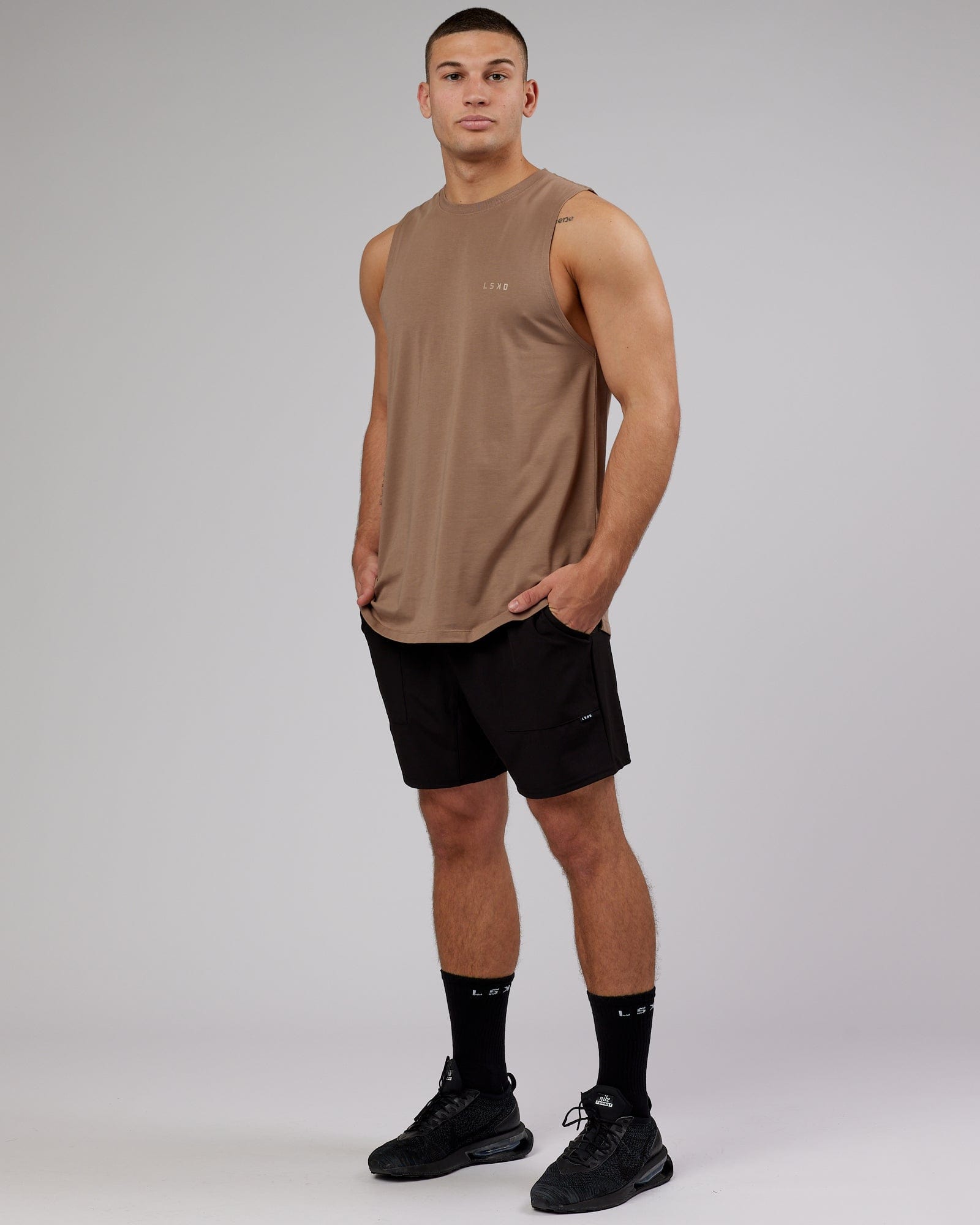 Model wearing Deluxe PimaFLX Tank - Fossil