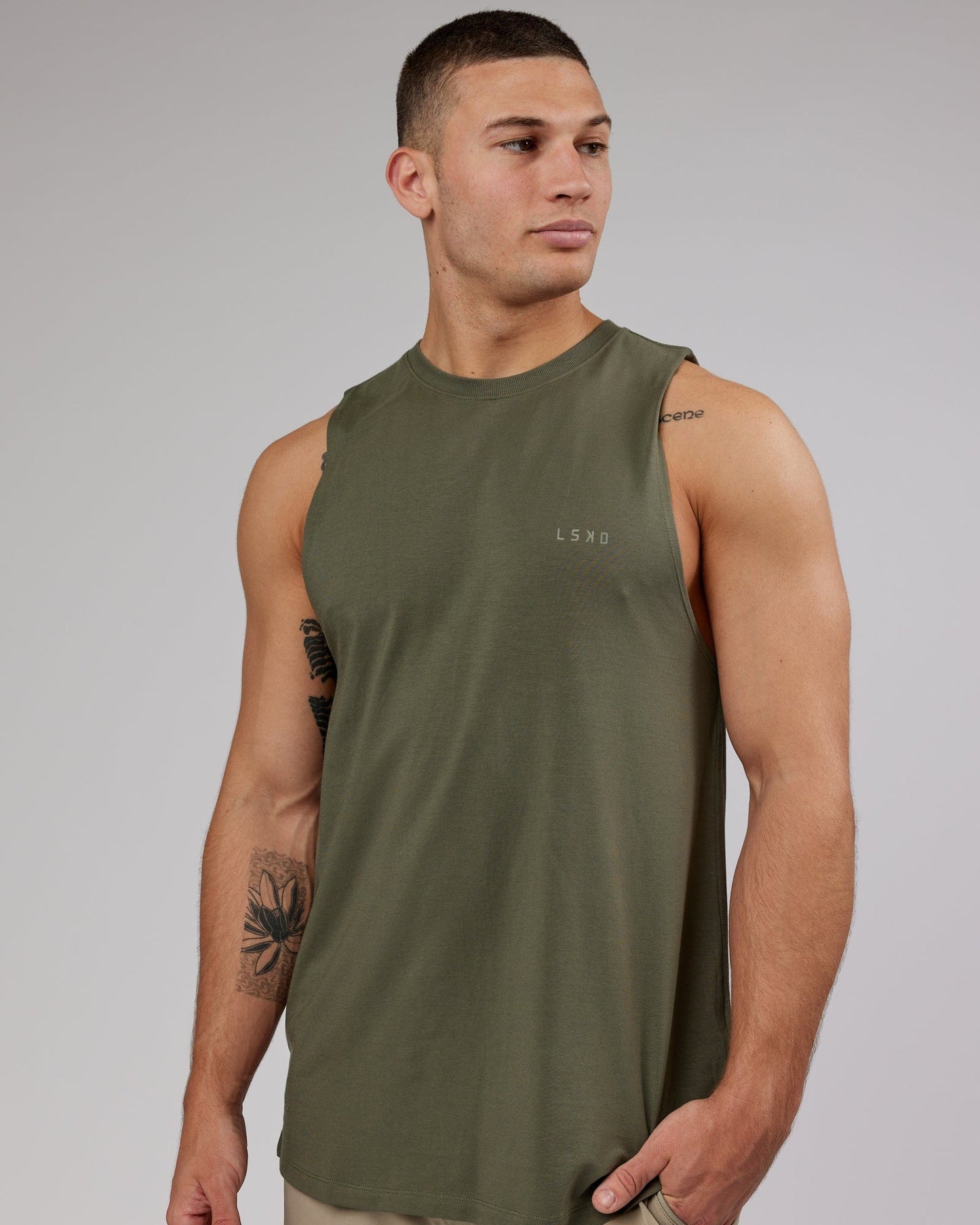 Model wearing Deluxe PimaFLX Tank - Olive Fade