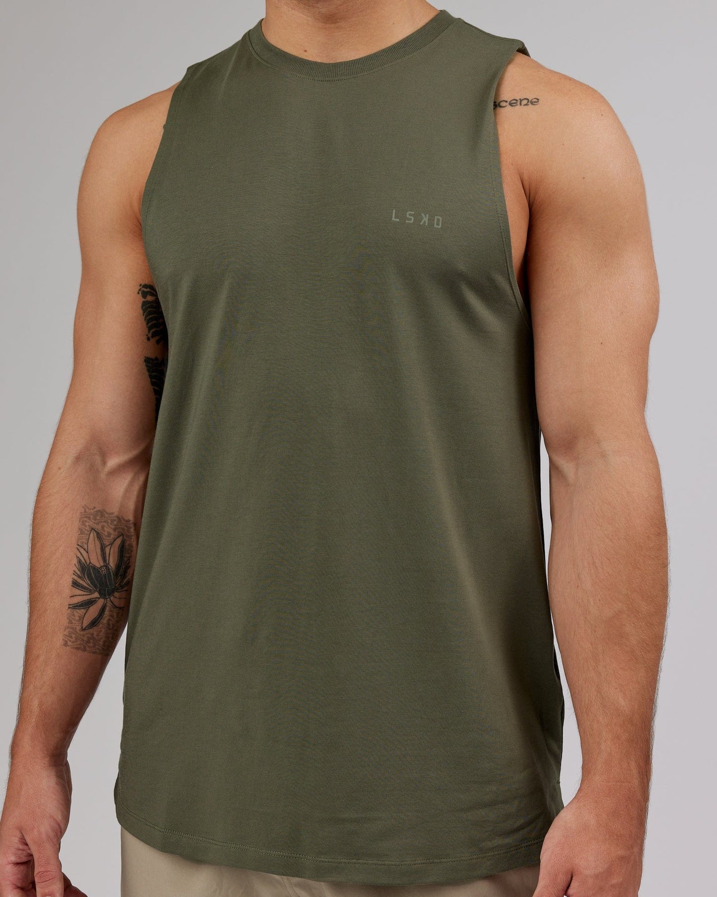 Model wearing Deluxe PimaFLX Tank - Olive Fade
