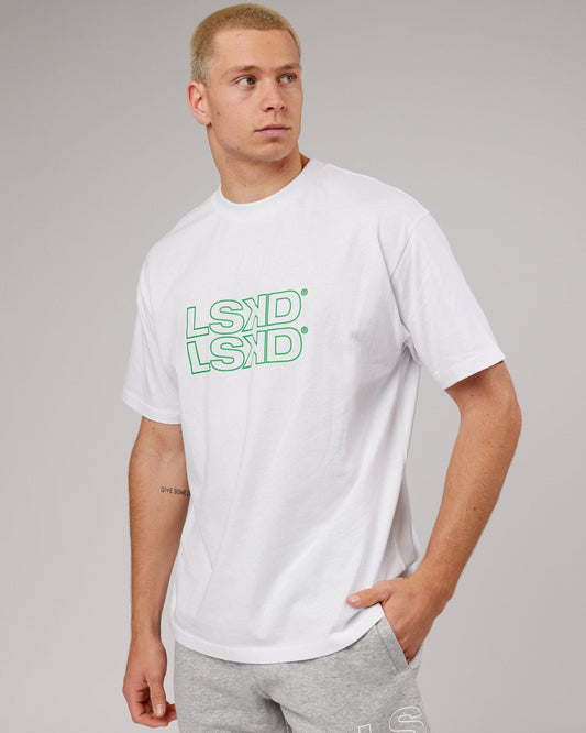 Model wearing Stacks Up Heavyweight Oversize Tee - White-Vivid Green