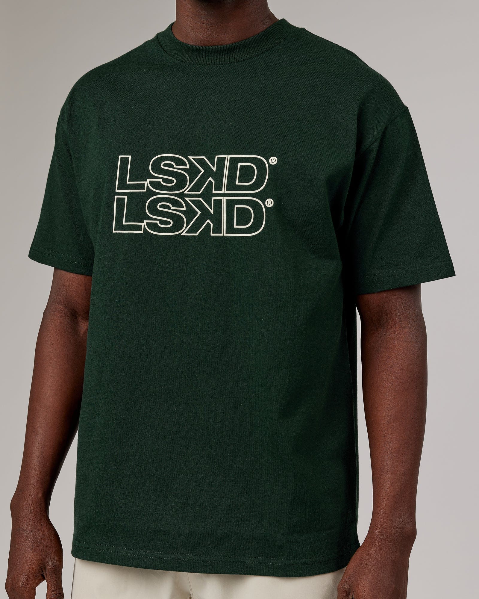 Model wearing Stacks Up Heavyweight Oversize Tee - Forest