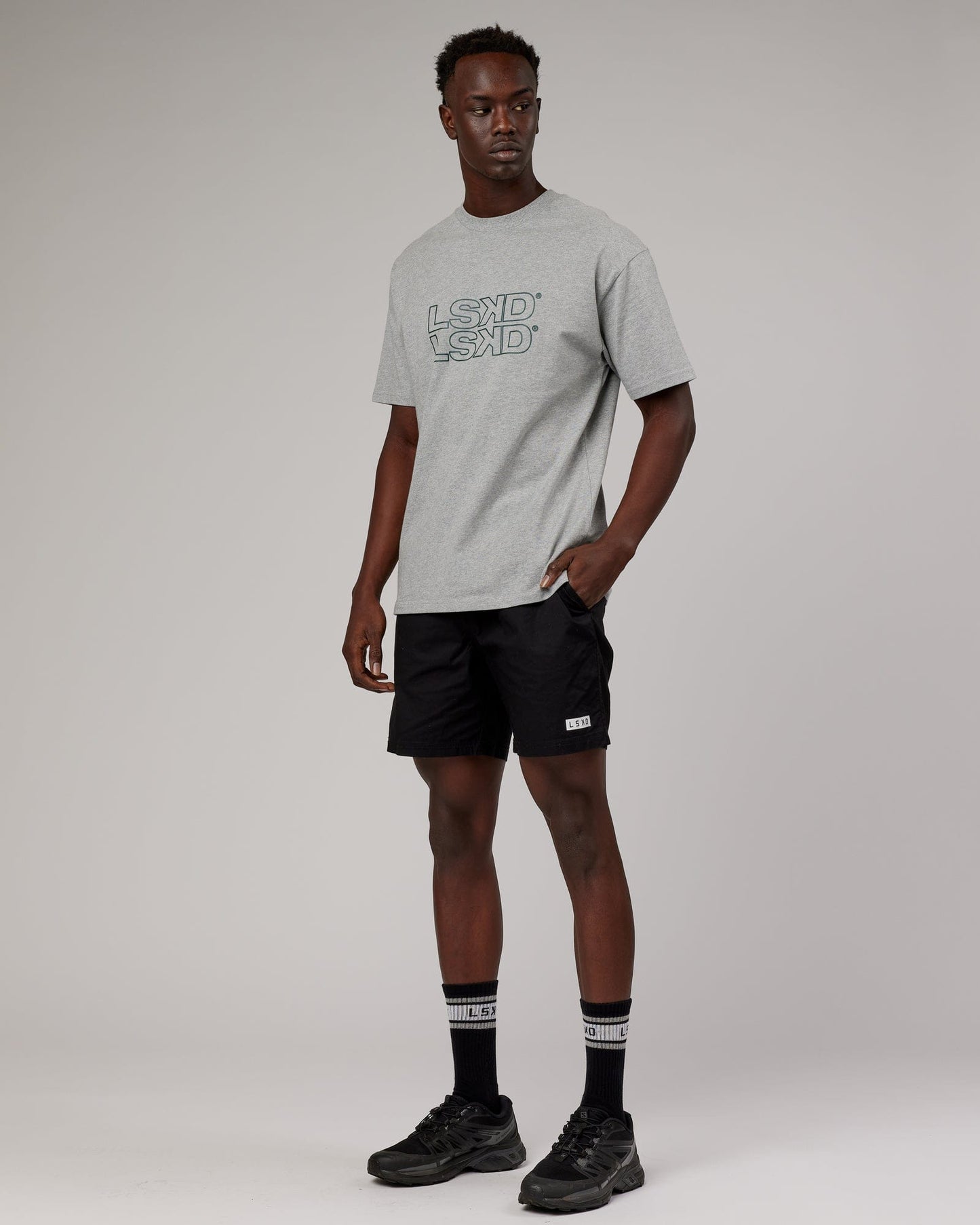 Model wearing Stacks Up Heavyweight Oversize Tee - Lt Grey Marl