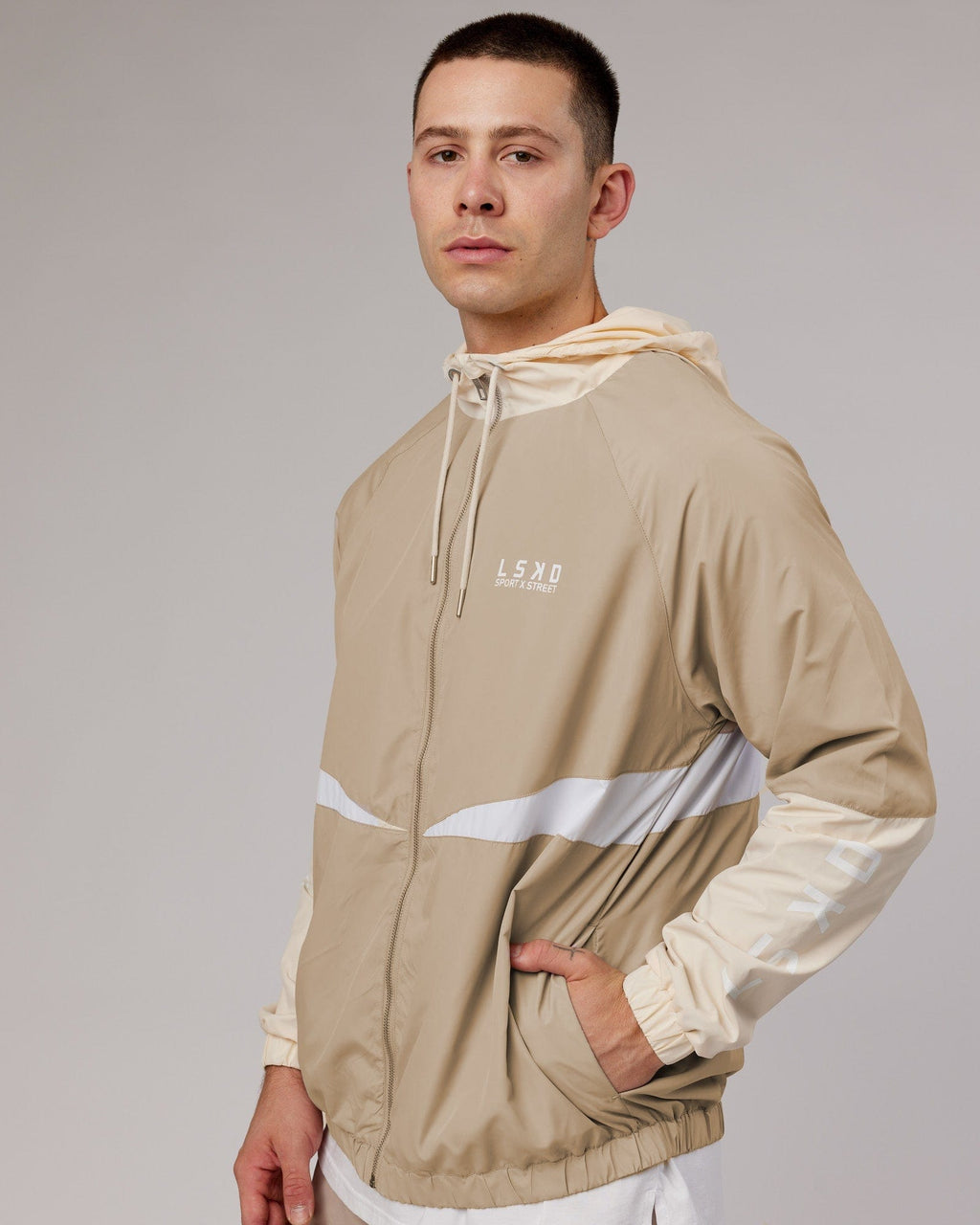 Model wearing Trackside Jacket - Light Fawn