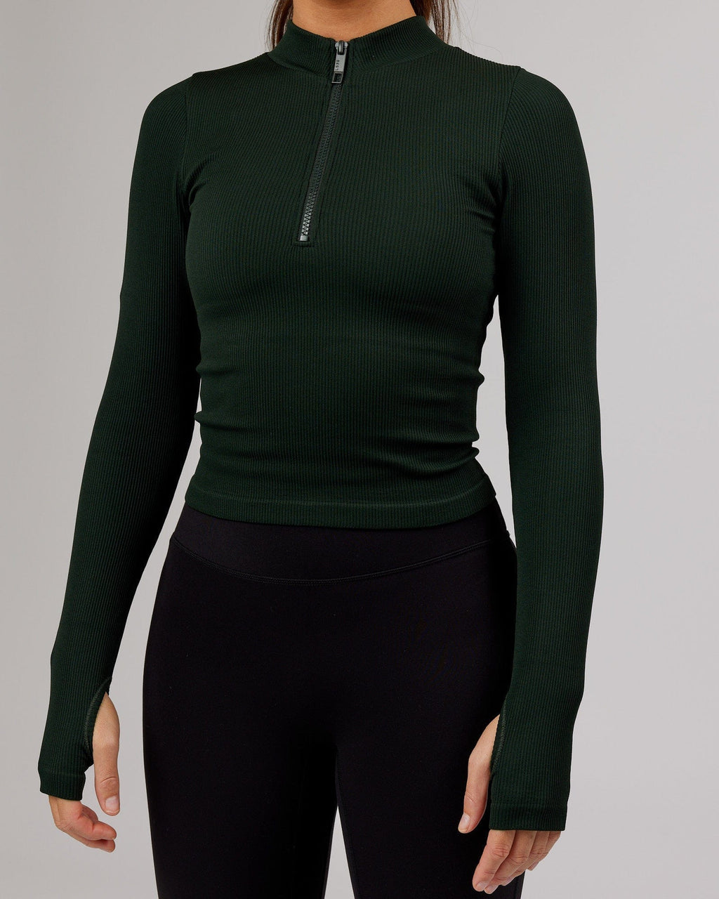 Model wearing Minimal 1/4 Zip LS Top - Dark Forest