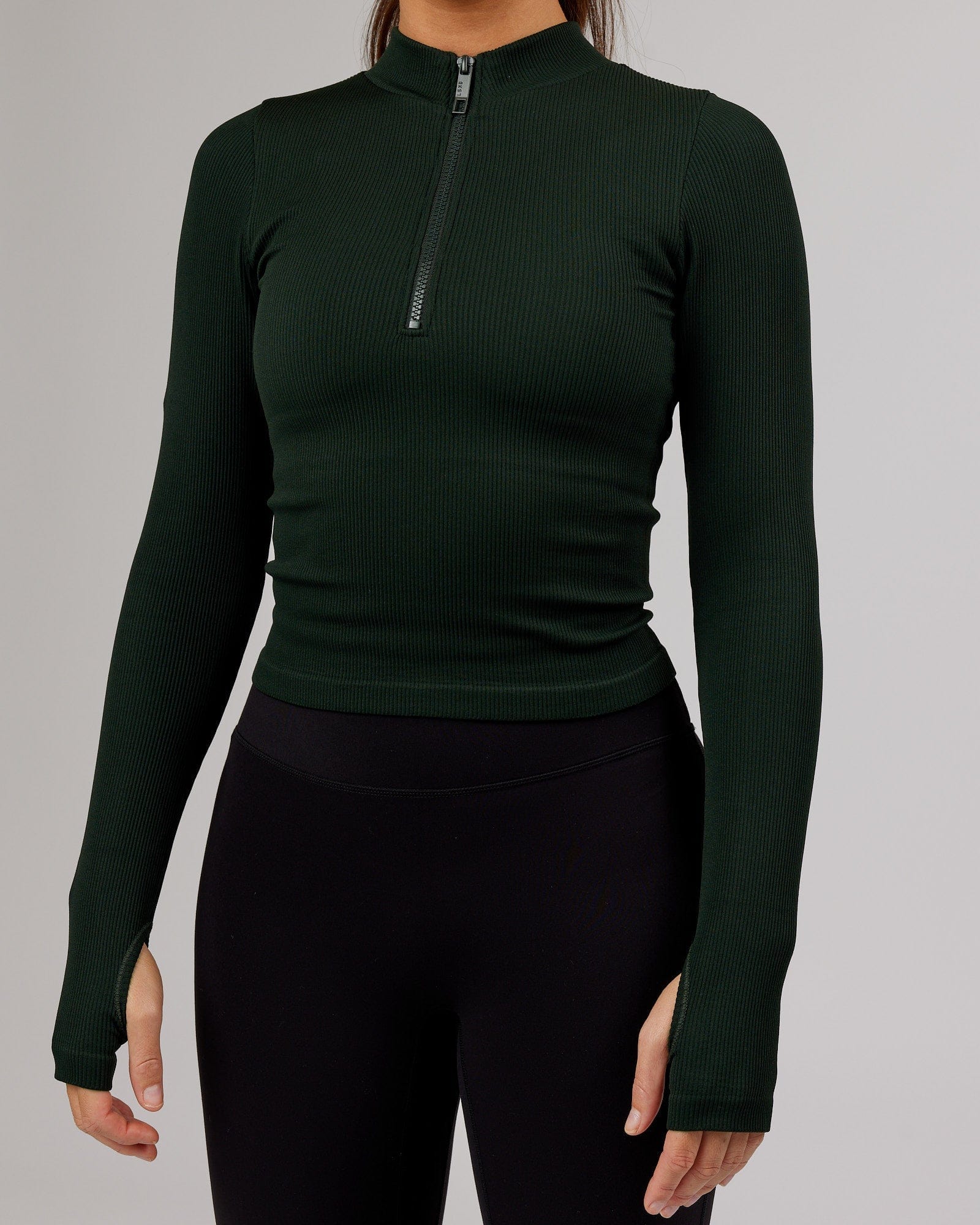 Model wearing Minimal 1/4 Zip LS Top - Dark Forest