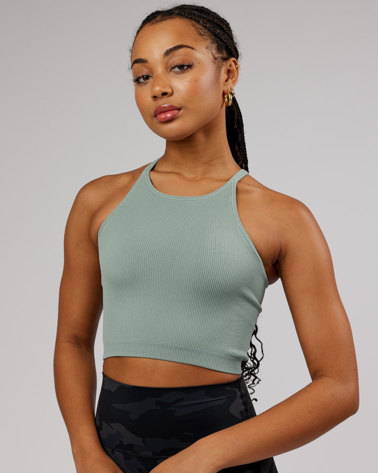 Model wearing Minimal Seamless Crop Ribbed Tank - Frost