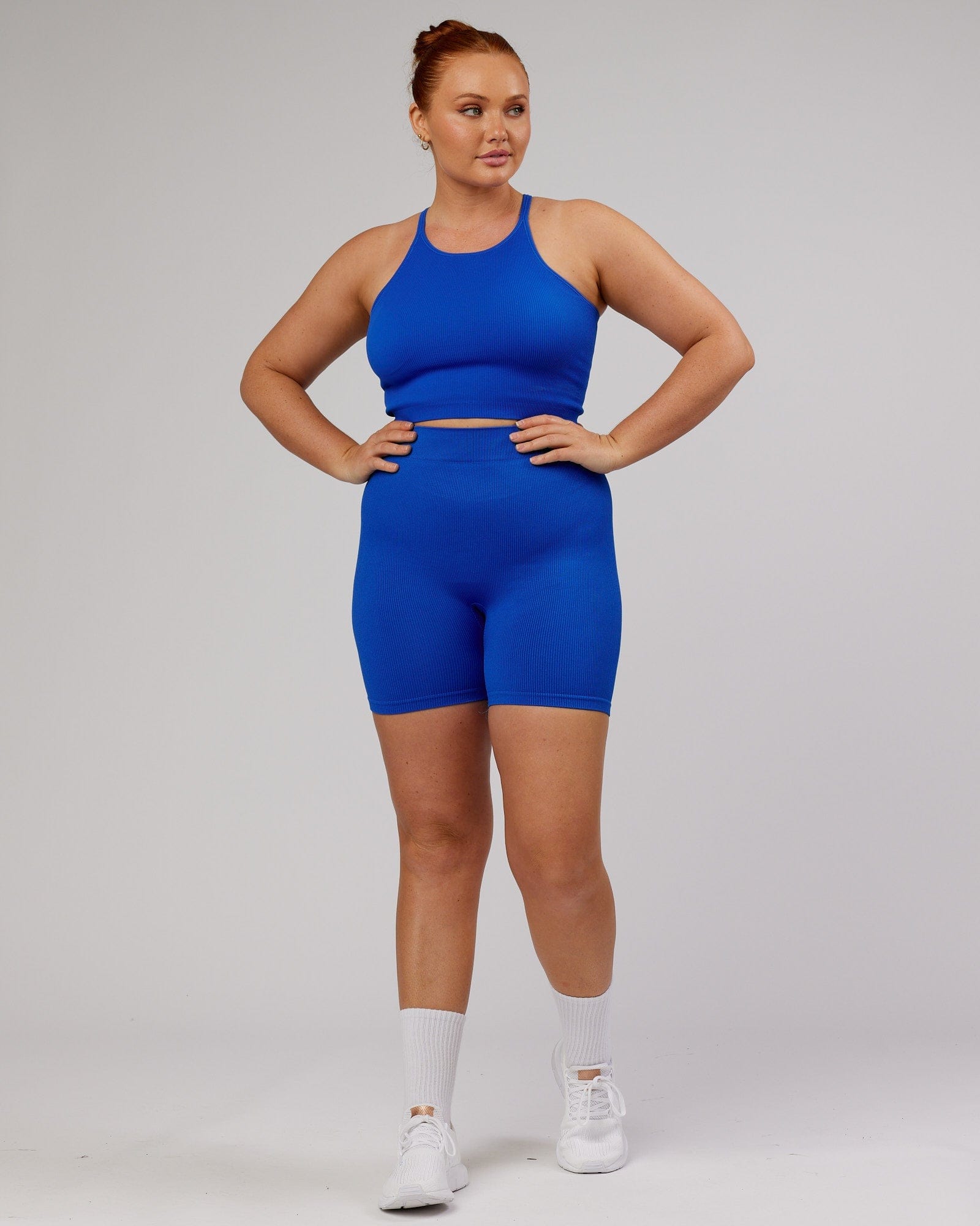 Model wearing Minimal Seamless Crop Ribbed Tank - Strong Blue