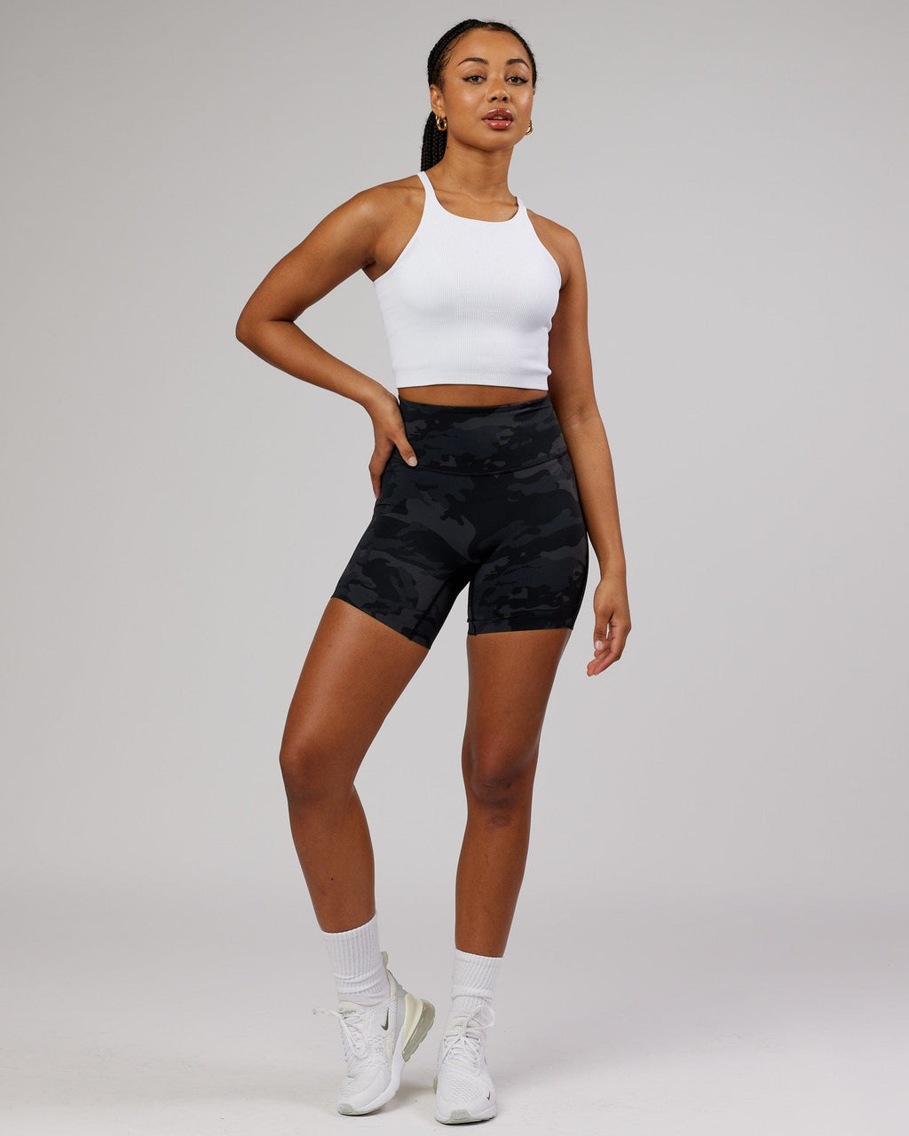 Model wearing Minimal Seamless Crop Ribbed Tank - White