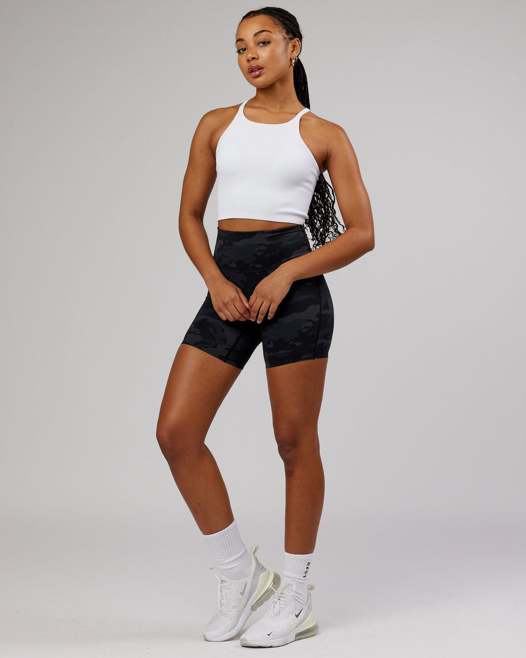 Model wearing Minimal Seamless Crop Ribbed Tank - White