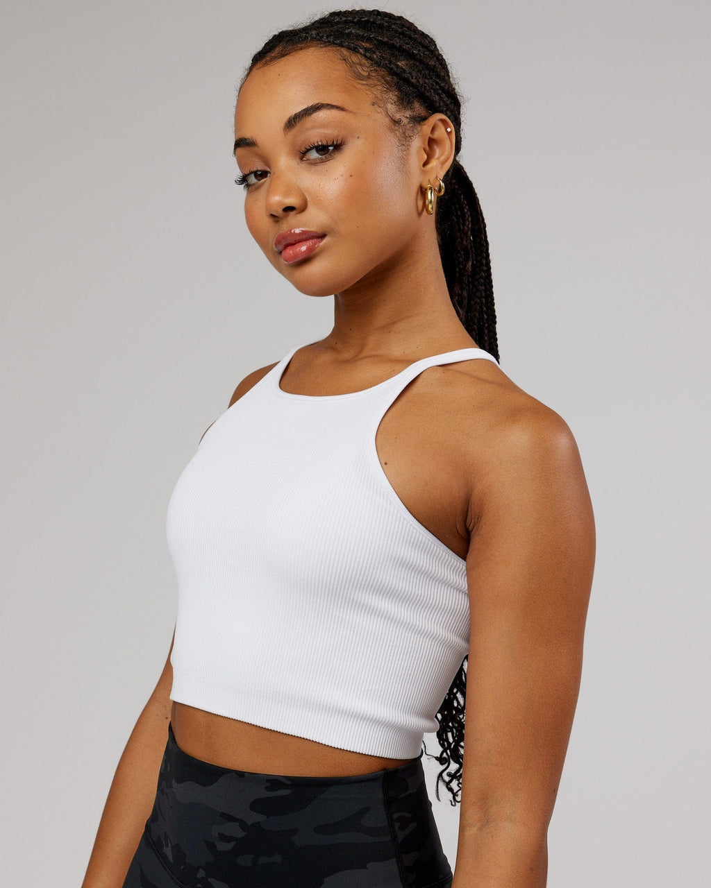 Model wearing Minimal Seamless Crop Ribbed Tank - White