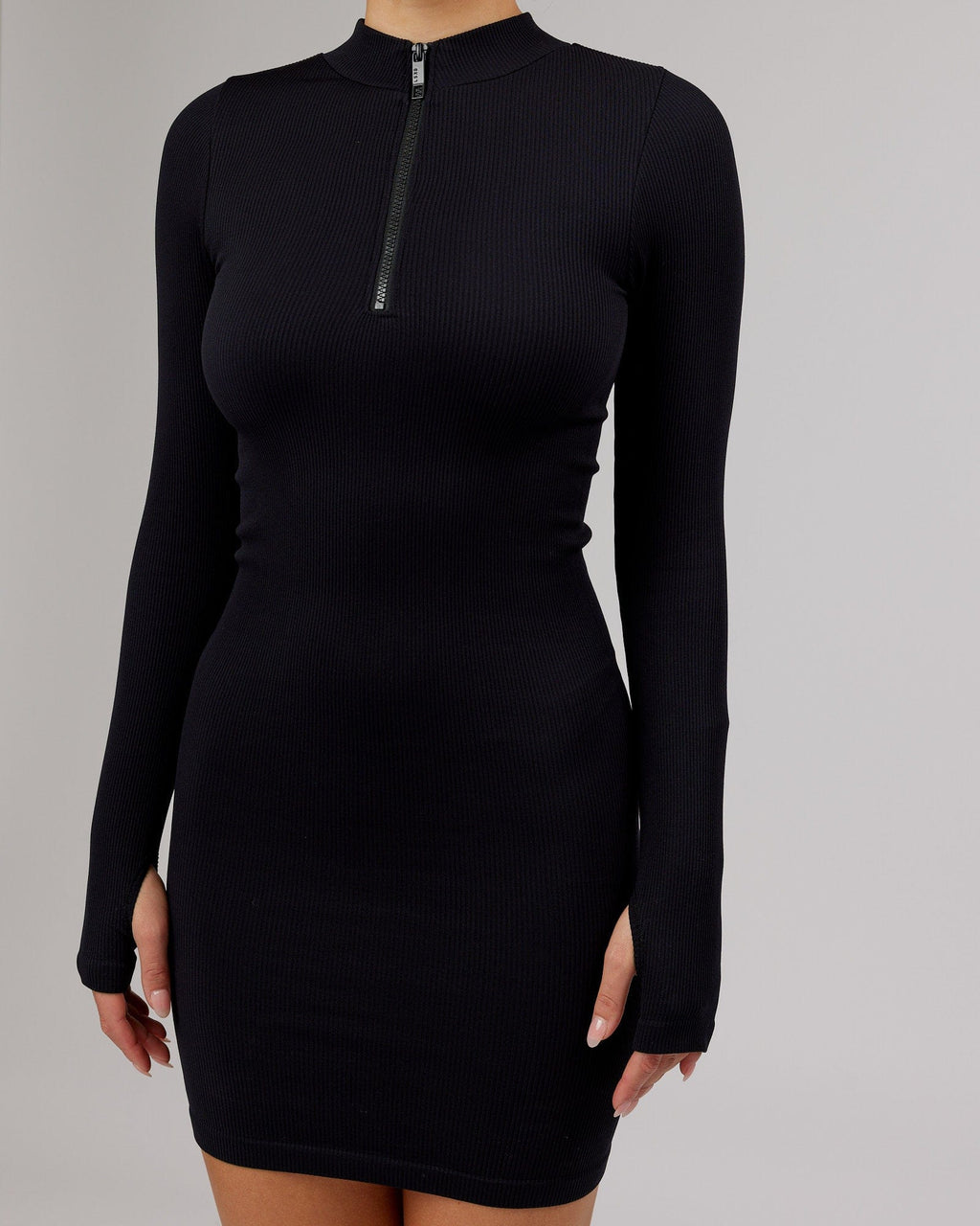 Model wearing Minimal Ribbed Seamless LS Dress - Black