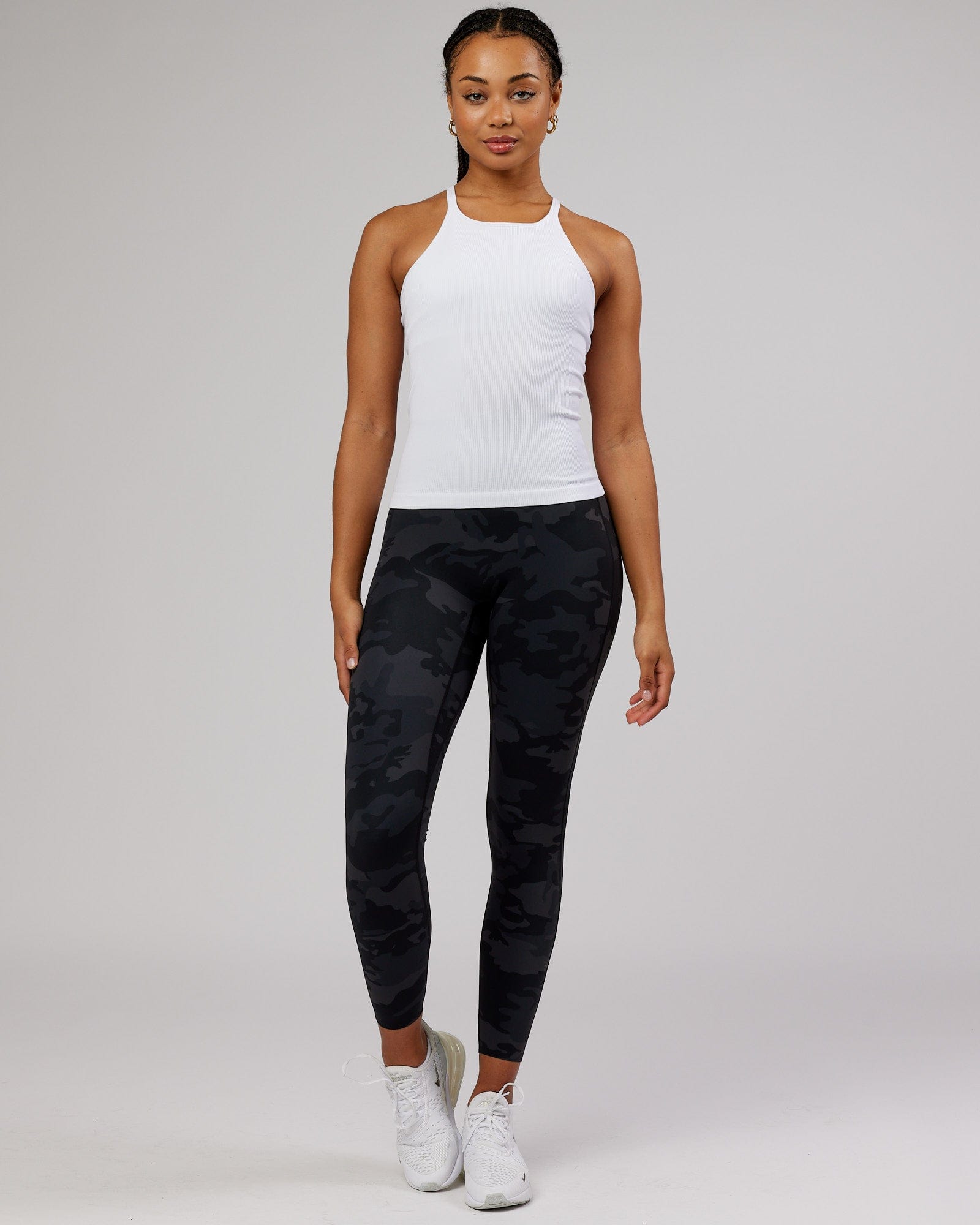 Model wearing Minimal Seamless Ribbed Tank - White