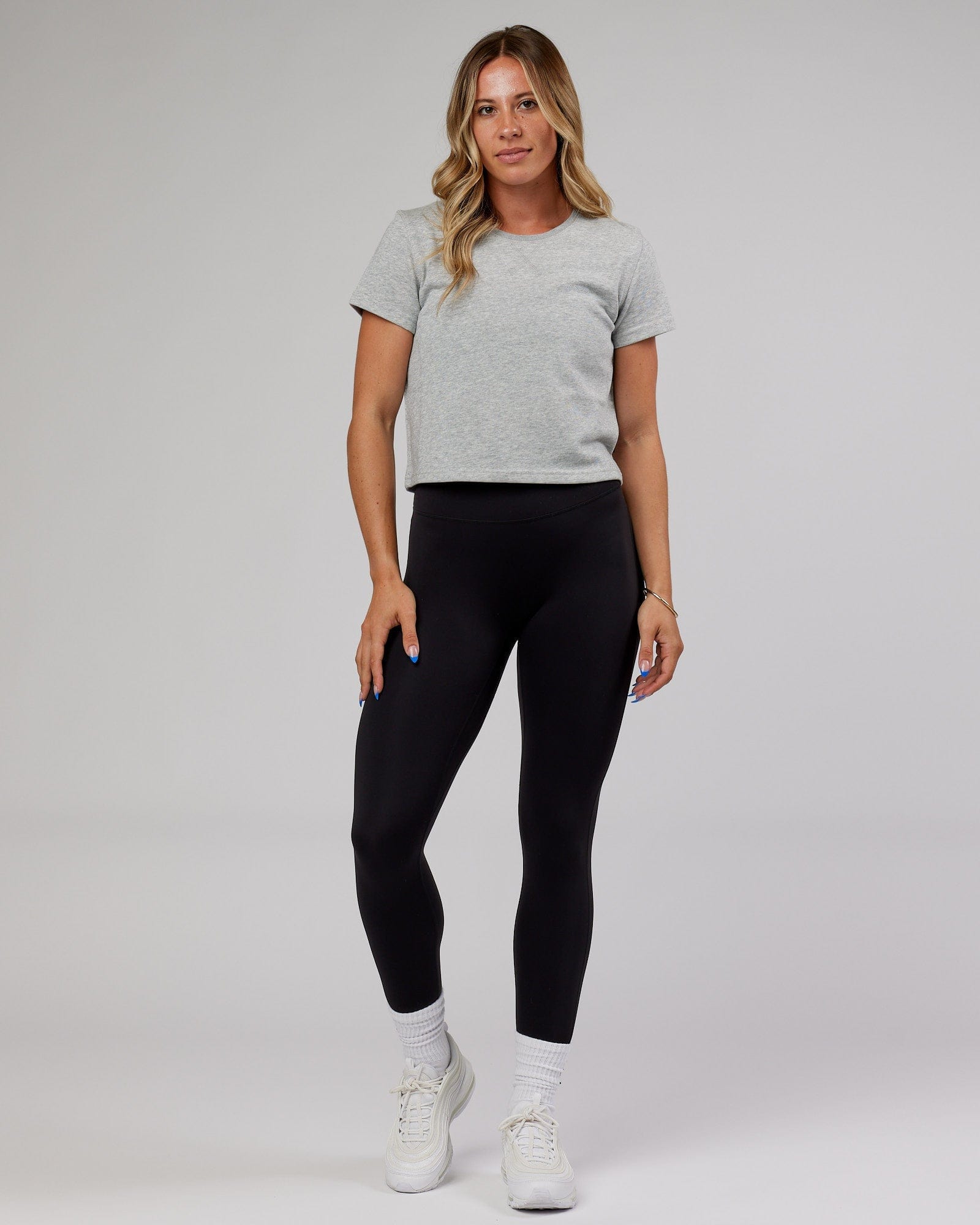 Model wearing Off Duty Cropped Tee - Lt Grey Marl