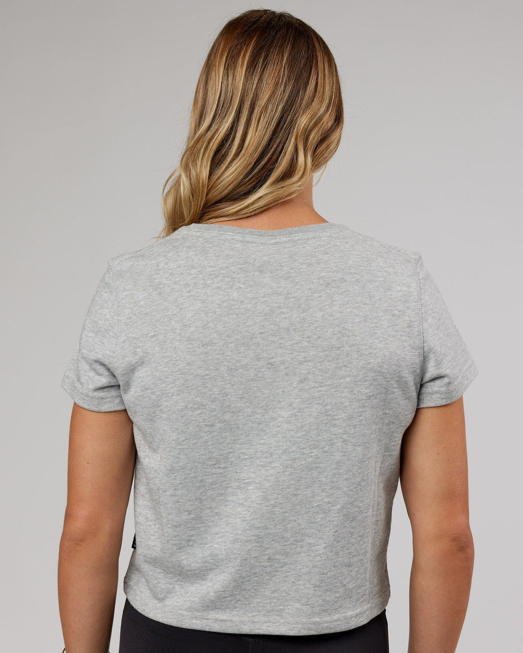 Model wearing Off Duty Cropped Tee - Lt Grey Marl