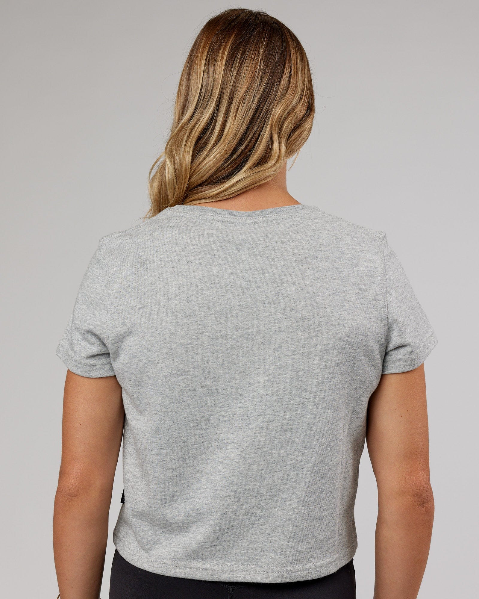 Model wearing Off Duty Cropped Tee - Lt Grey Marl