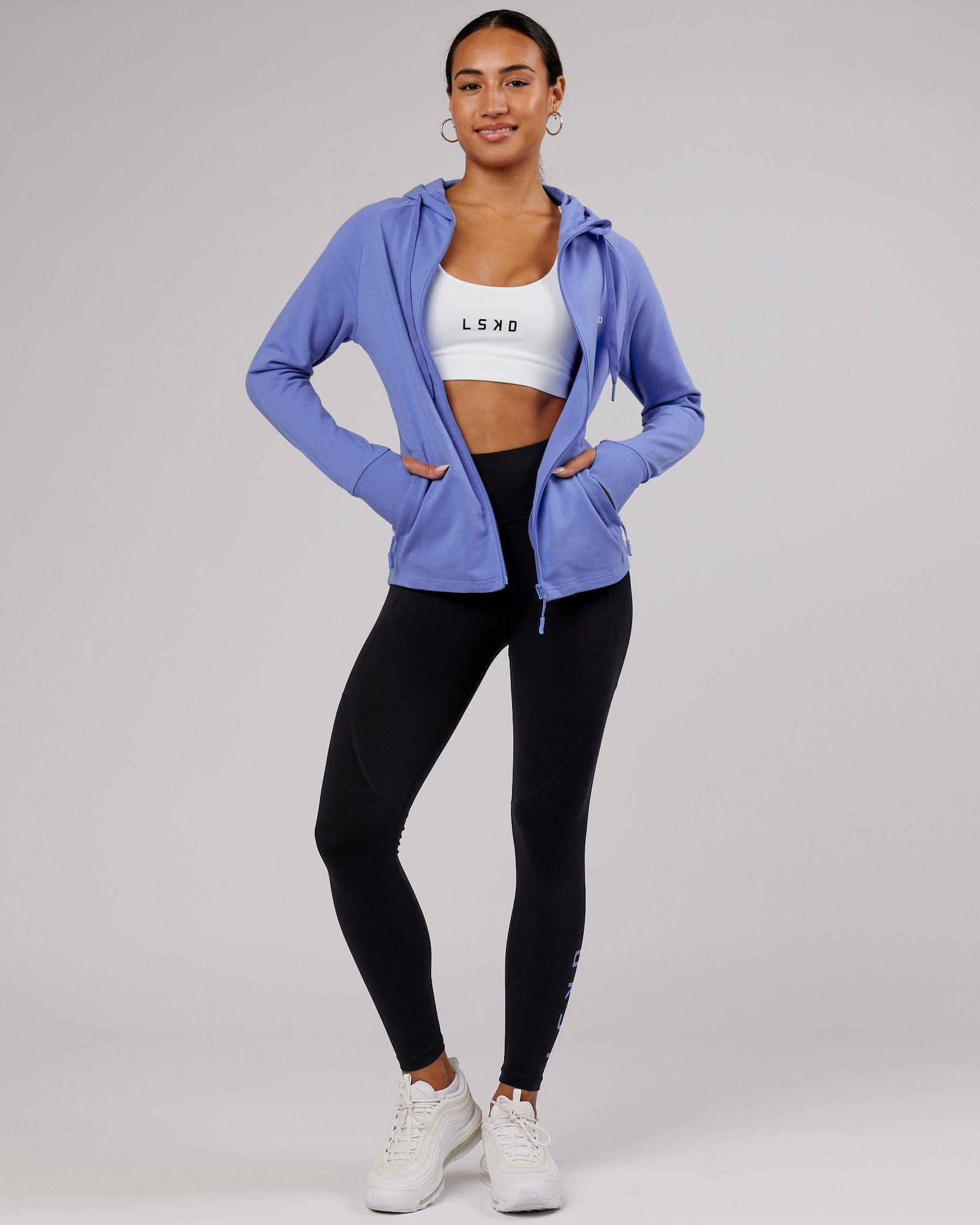 Model wearing PB Zip Through Hoodie - Cornflower Blue