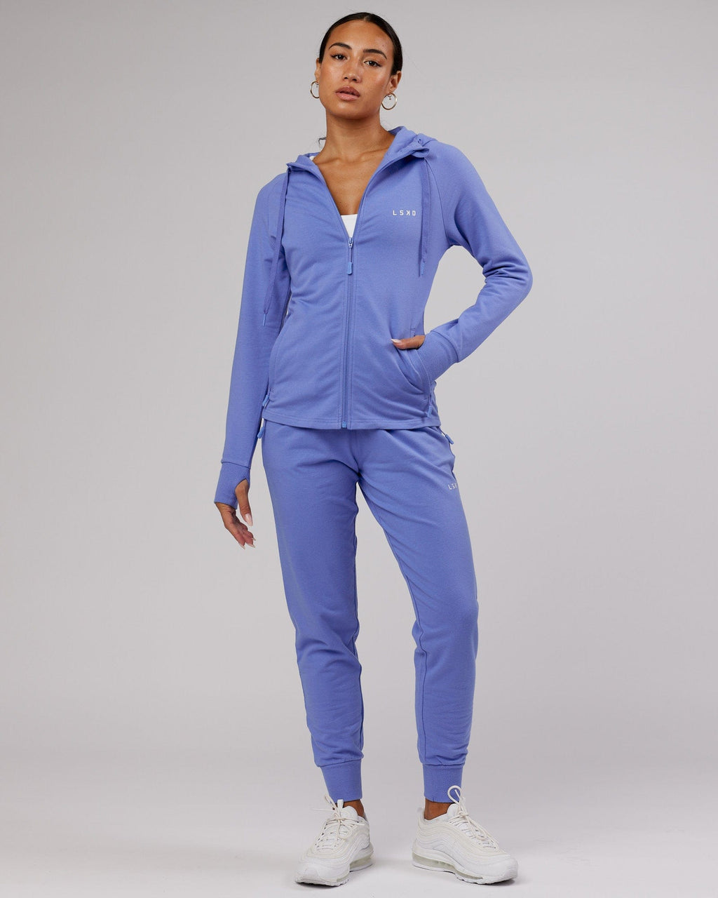 Model wearing PB Zip Through Hoodie - Cornflower Blue