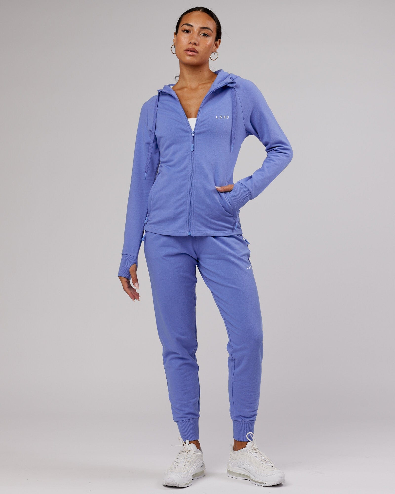 Model wearing PB Zip Through Hoodie - Cornflower Blue