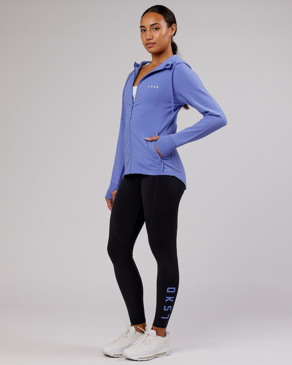Model wearing PB Zip Through Hoodie - Cornflower Blue