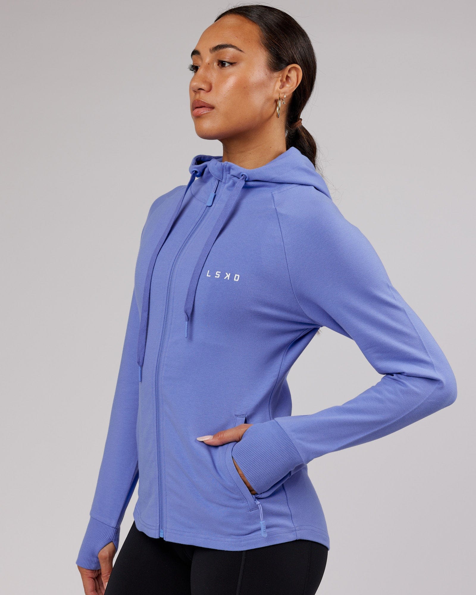 Model wearing PB Zip Through Hoodie - Cornflower Blue
