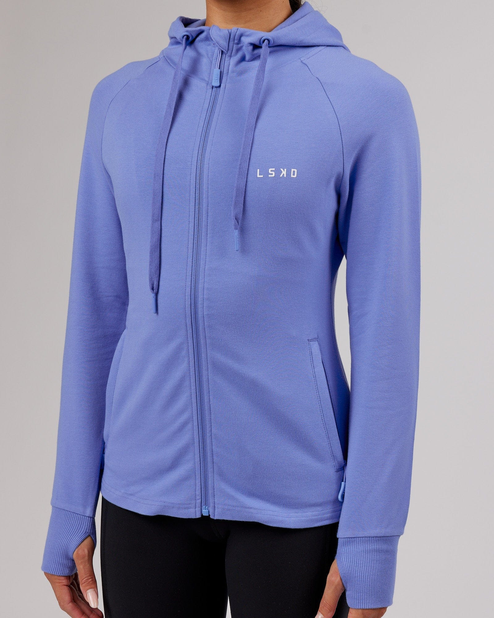 Model wearing PB Zip Through Hoodie - Cornflower Blue