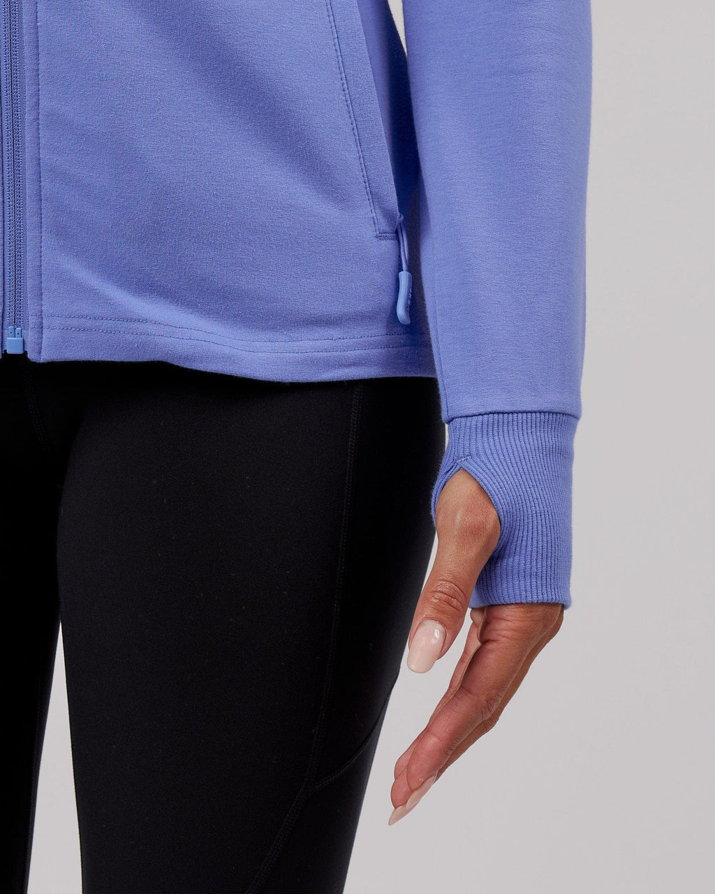 Model wearing PB Zip Through Hoodie - Cornflower Blue