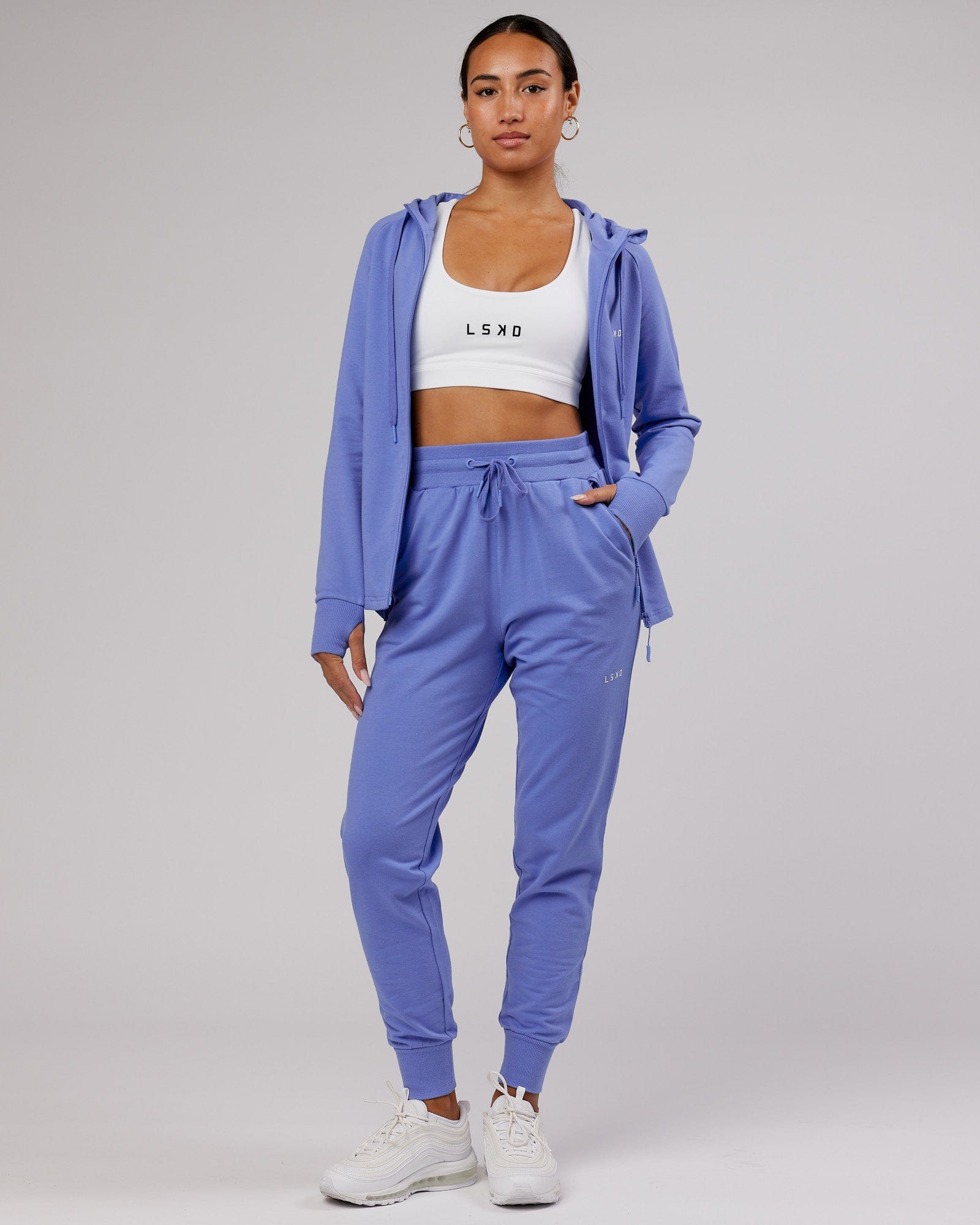 Model wearing PB Zip Through Hoodie - Cornflower Blue