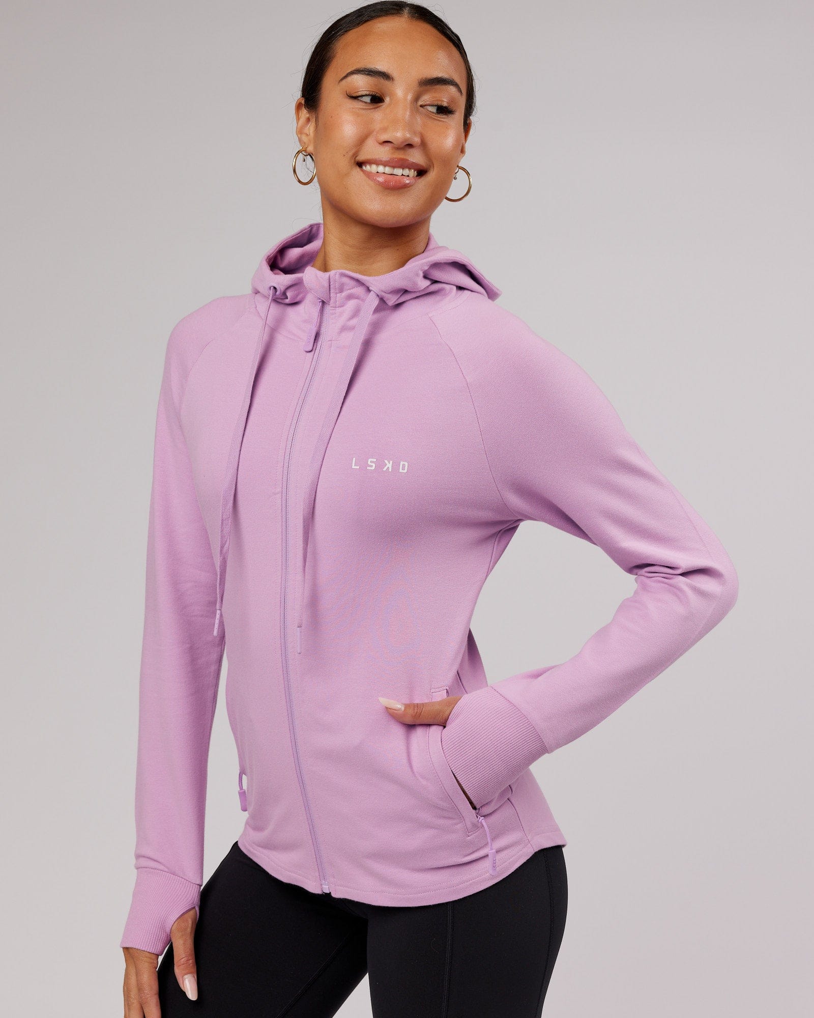 Model wearing PB Zip Through Hoodie - Lilac