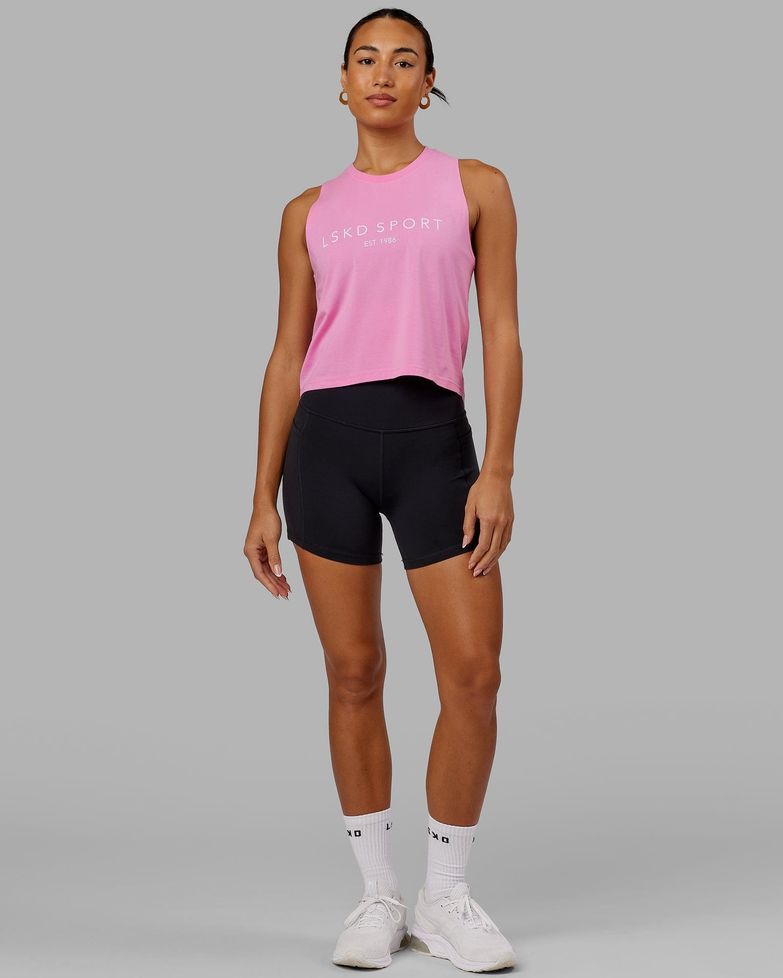 Model wearing Penalty Tank - Pink-Spark