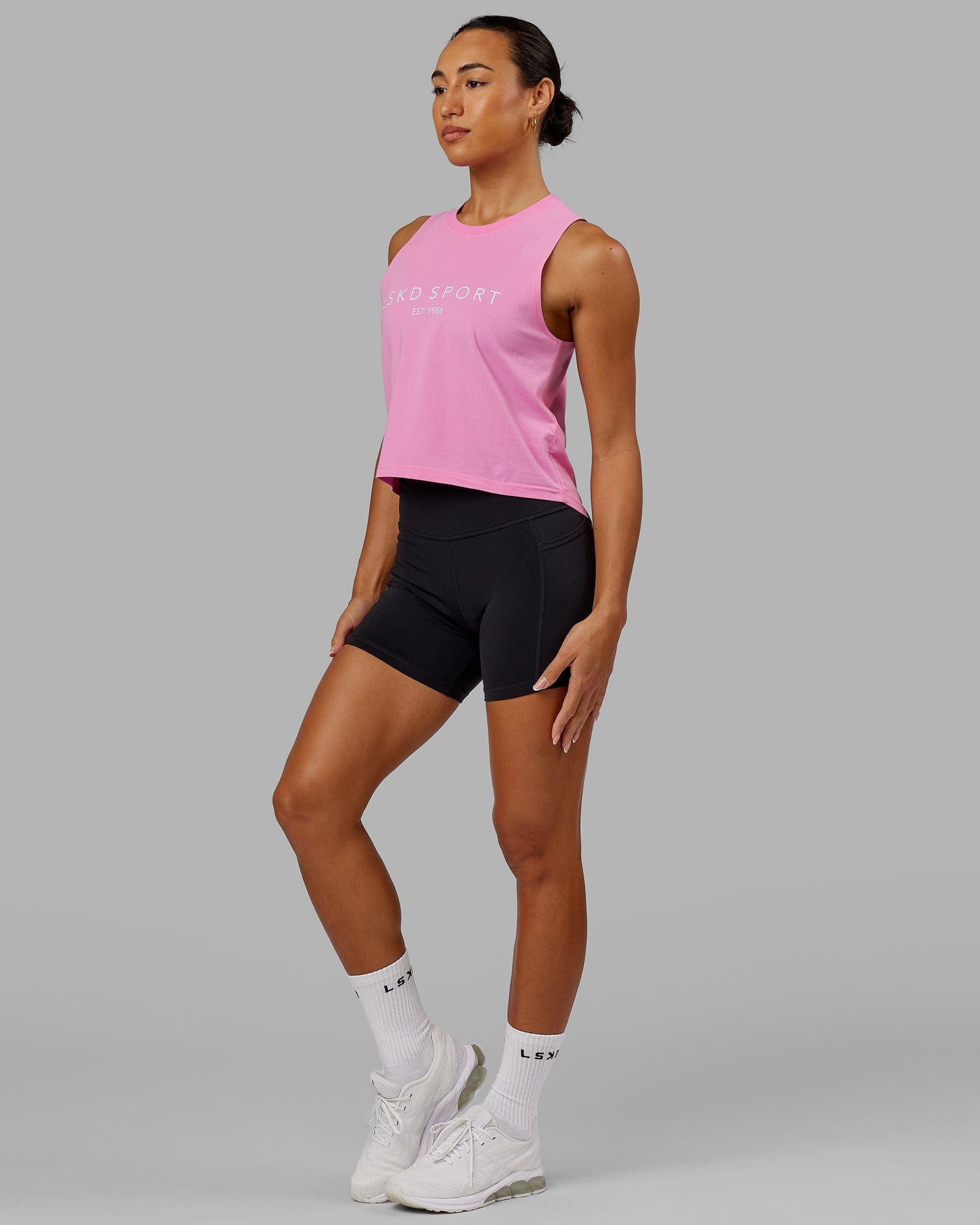 Model wearing Penalty Tank - Pink-Spark