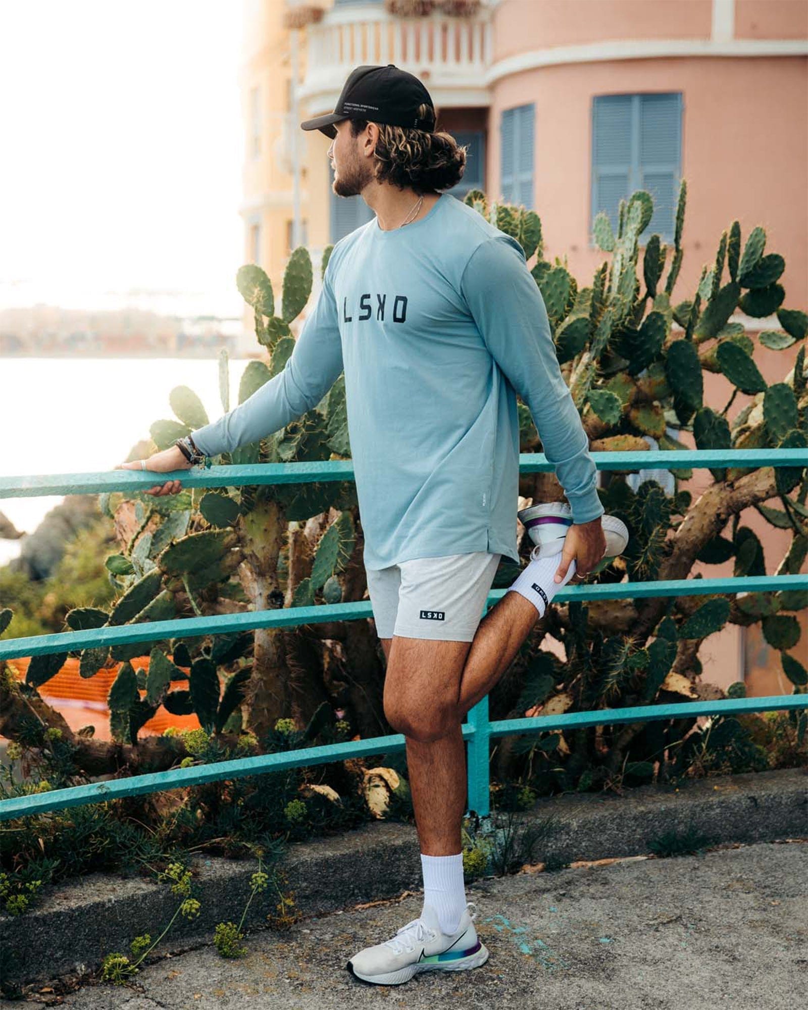 Model wearing Power FLXDRY Performance LS Tee - Slate