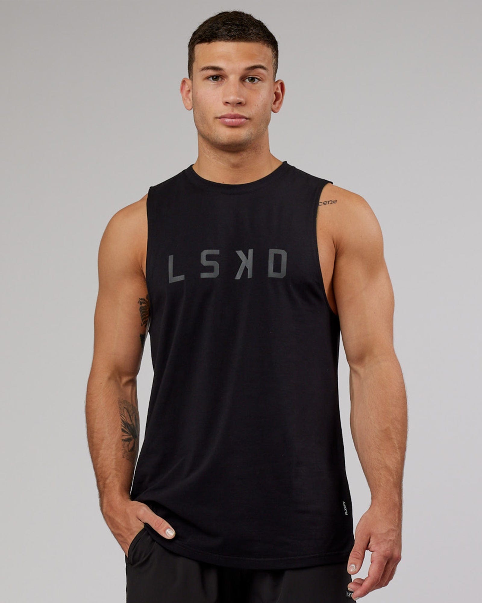 Model wearing Power FLXDRY Training Fit Performance Tank - Black-Black