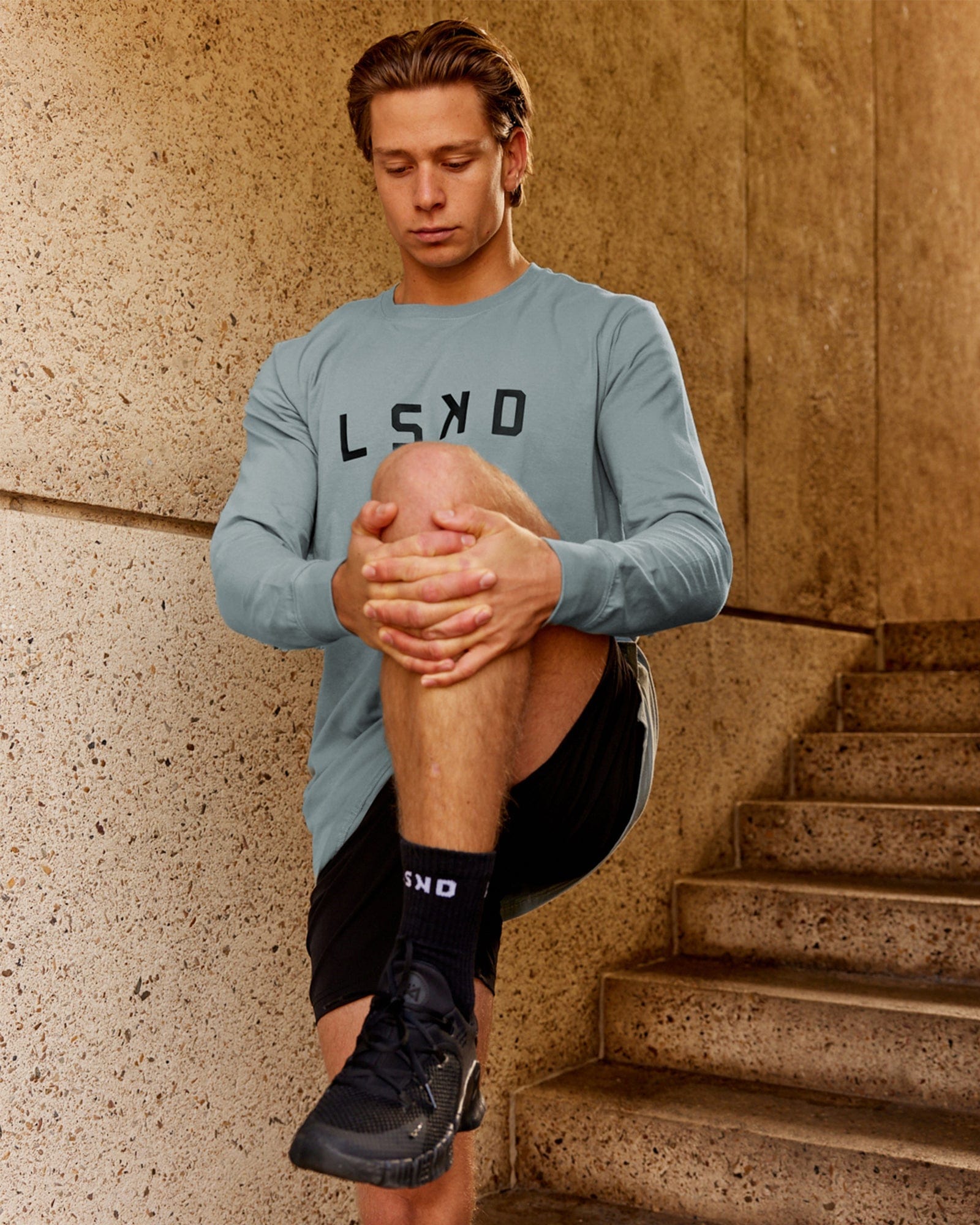 Model wearing Power FLXDRY Performance LS Tee - Slate