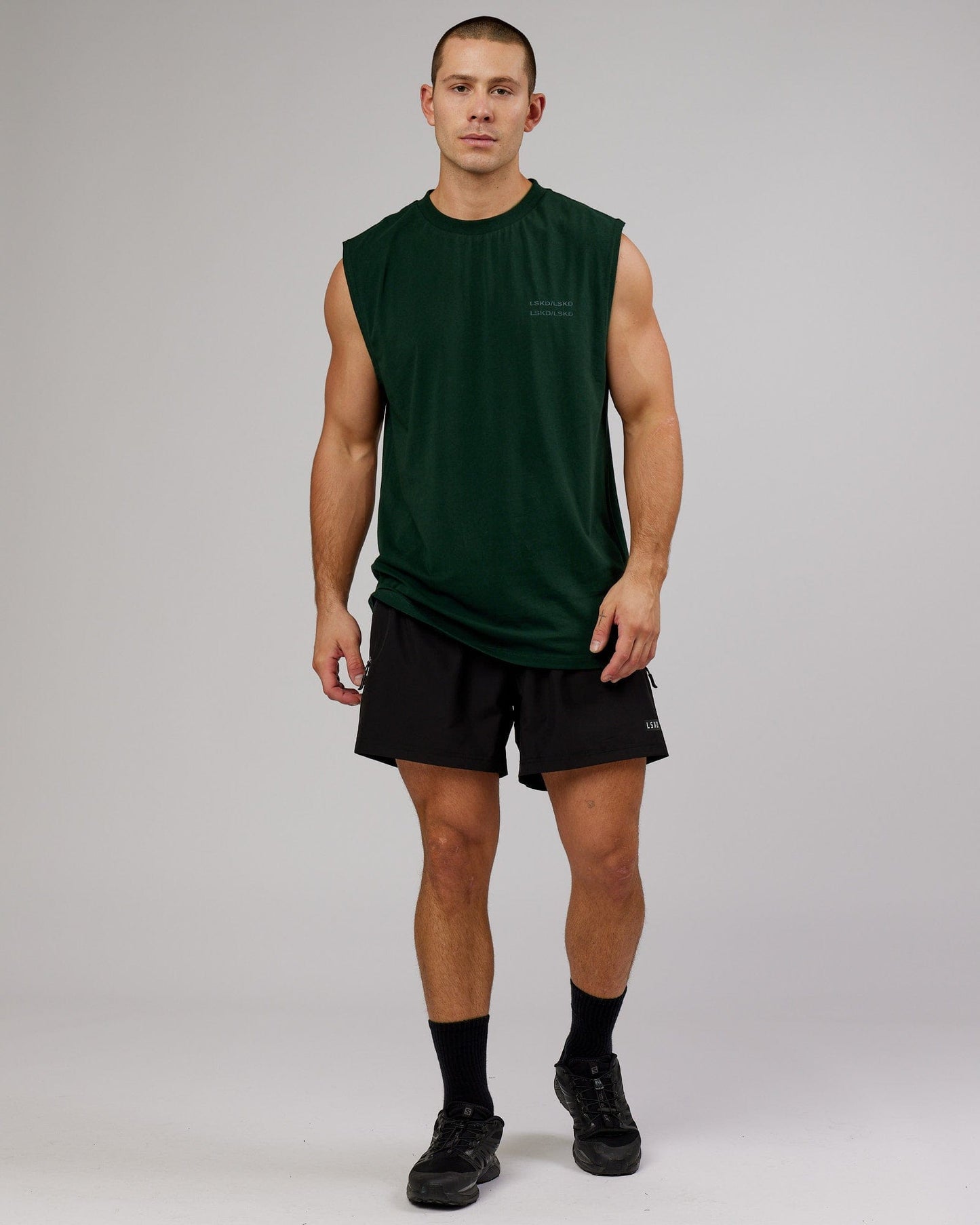Model wearing Quad FLXCotton Box Tank - Forest